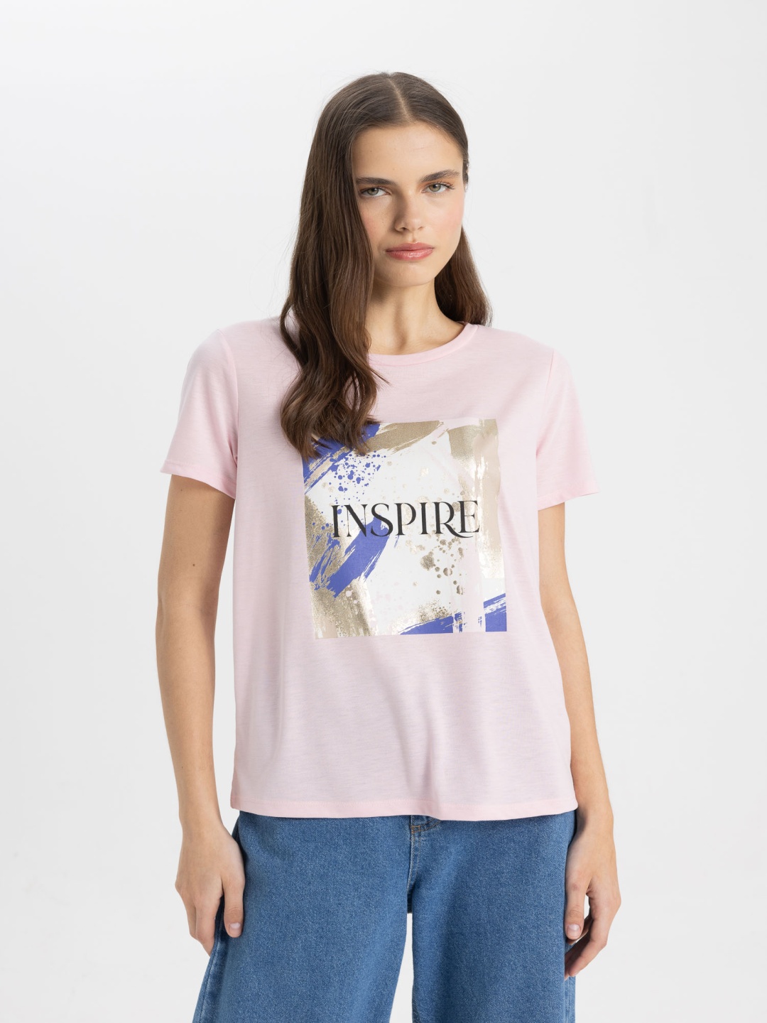 

DeFacto Typography Printed Casual T-shirt, Pink