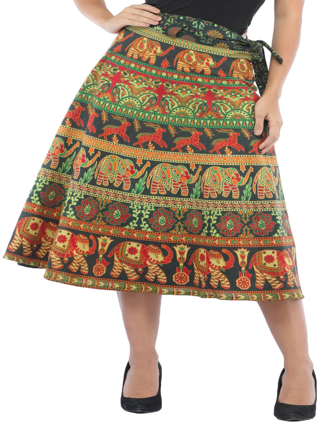 

Exotic India Printed Pure Cotton Midi Skirts, Green