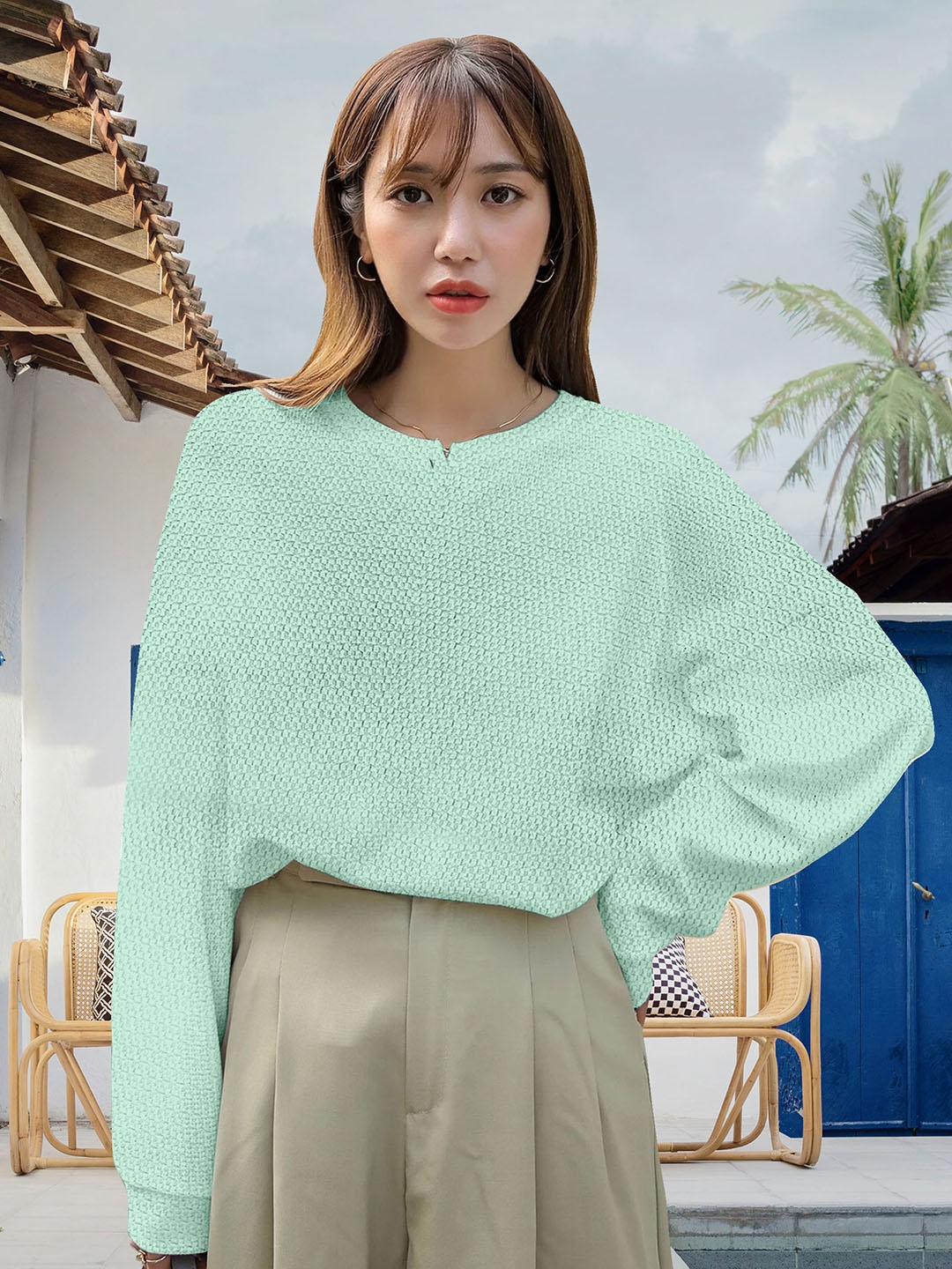 

MISS AYSE Women Green Round Neck Batwing Sleeve Cotton Top