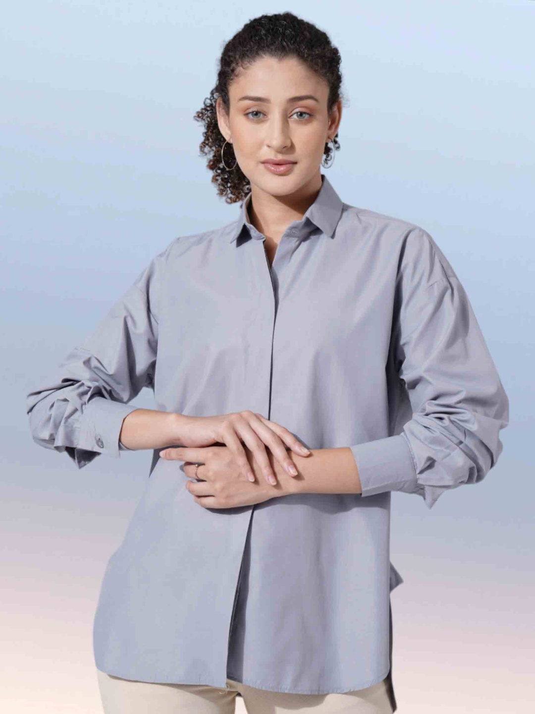 

FITHUB Women Boxy Opaque Casual Shirt, Grey