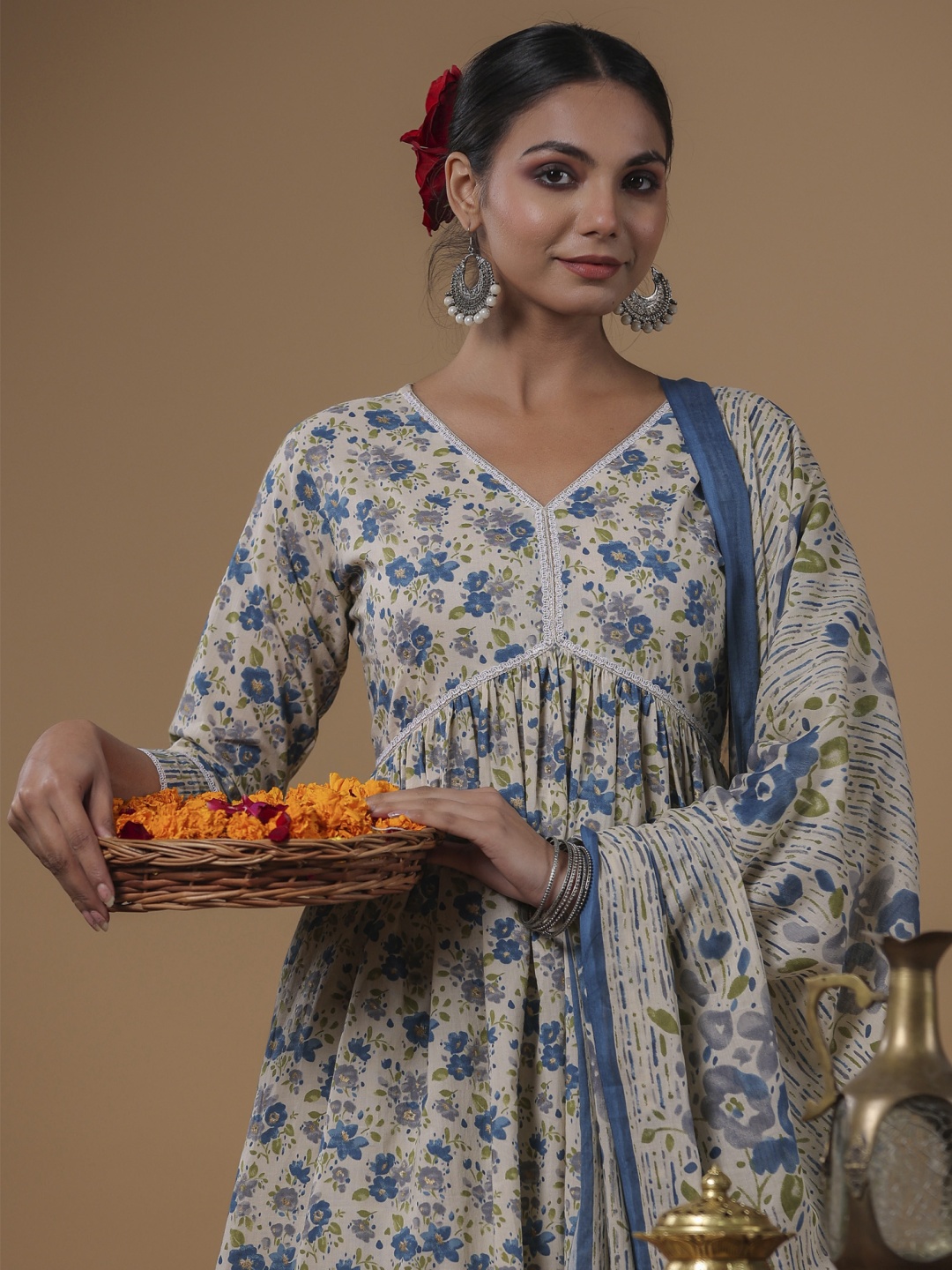 

Indo Era Floral Printed Empire Pure Cotton A-Line Kurta with Sharara & Dupatta, Beige