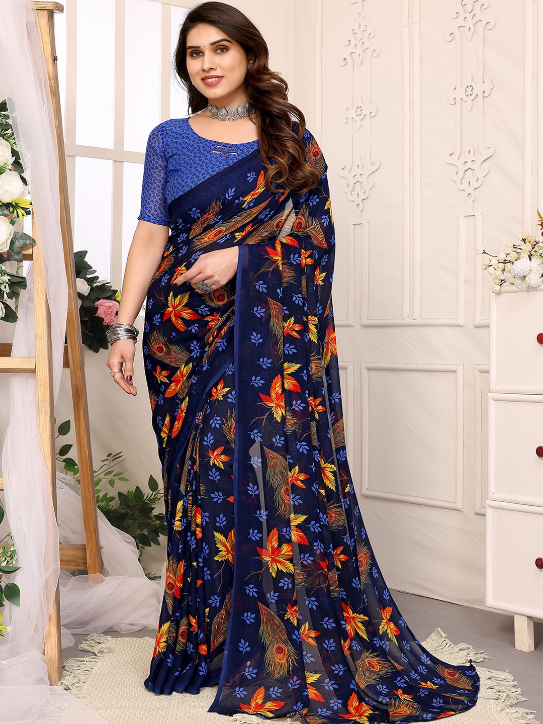 

Moda Rapido Floral Poly Georgette Saree, Blue