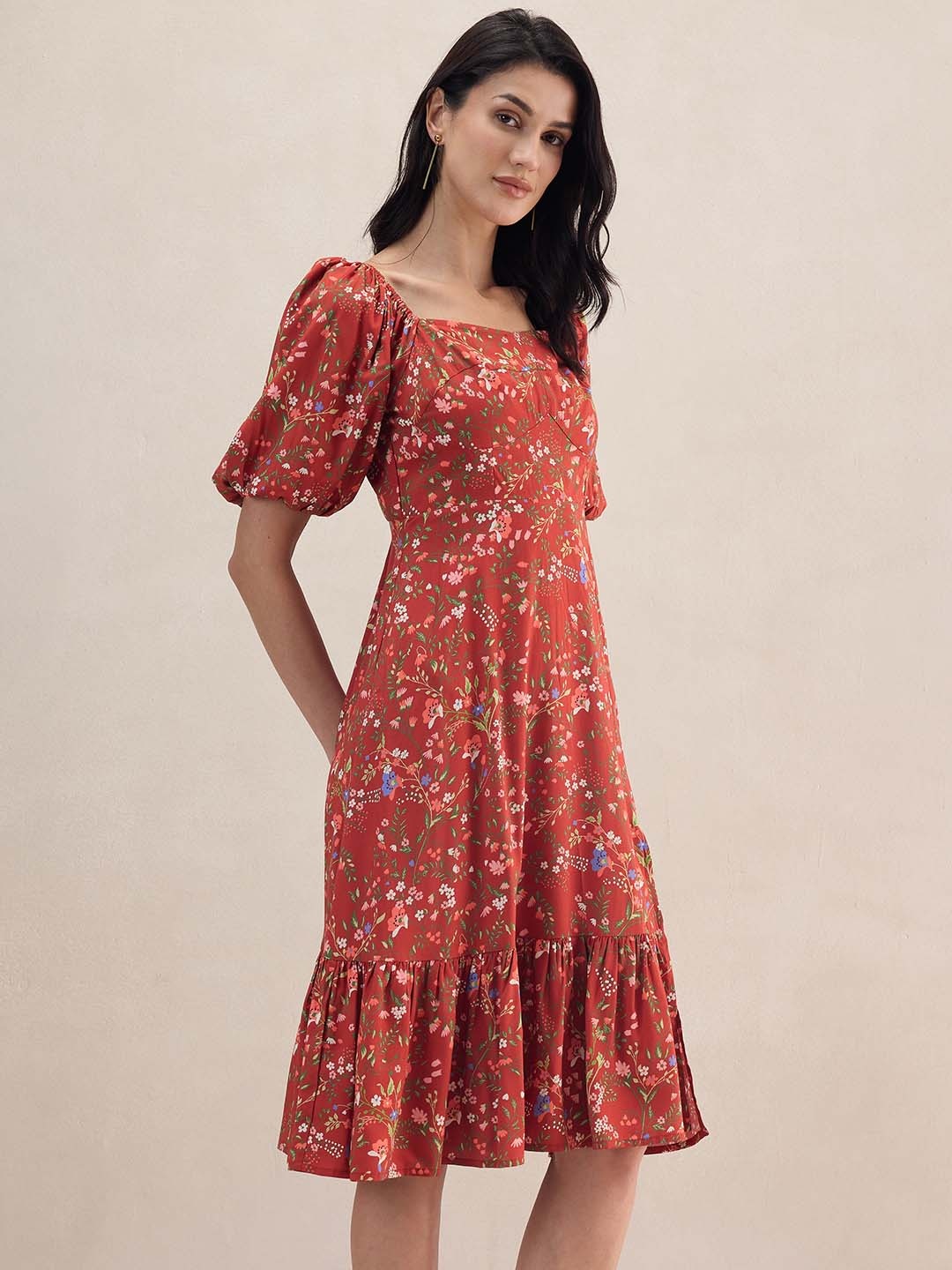 

FEMMELLA Floral Print Puff Sleeve A-Line Dress, Rust