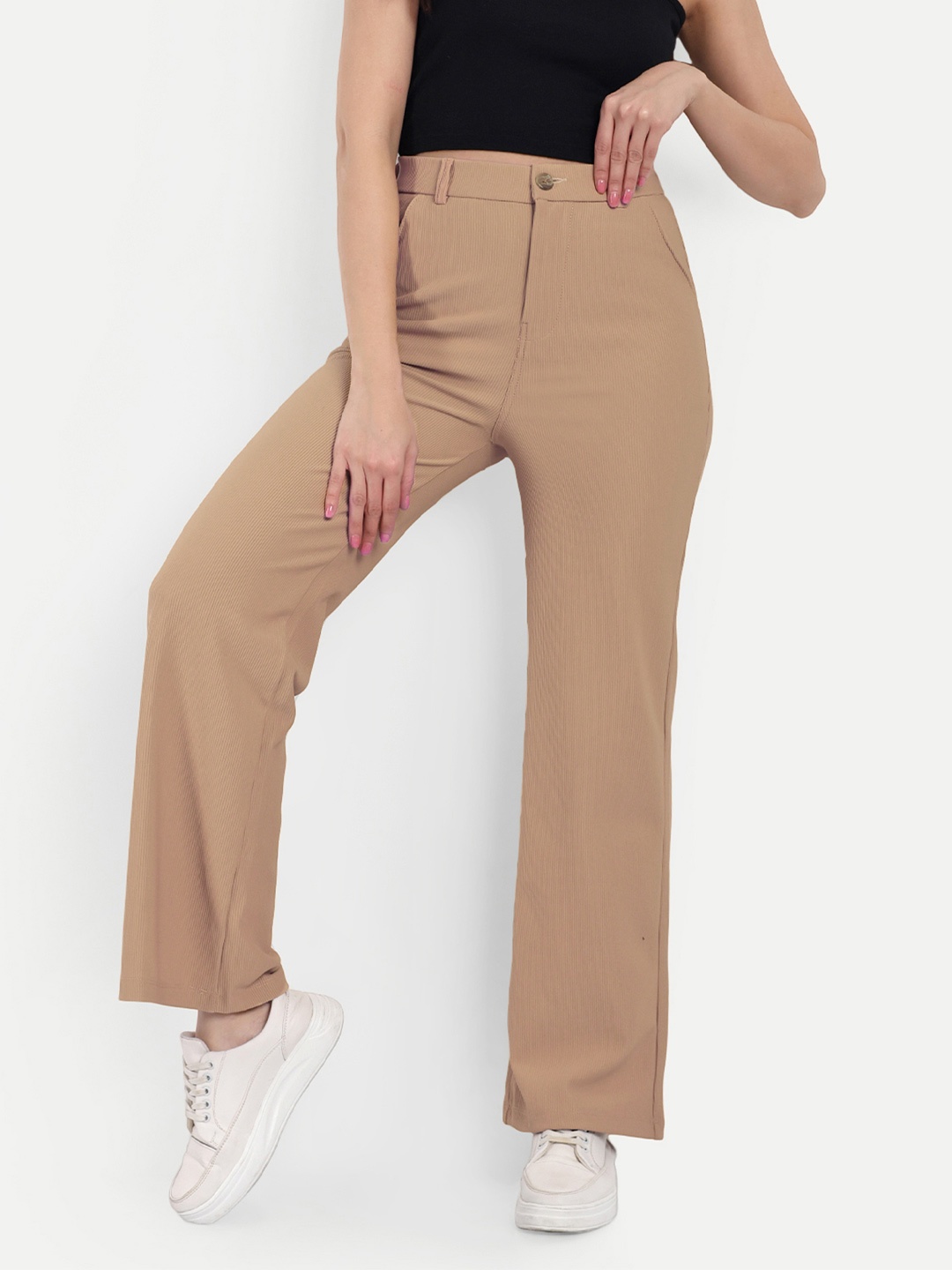 

BROADSTAR Women Smart Straight Fit High-Rise Easy Wash Corduroy Trousers, Beige