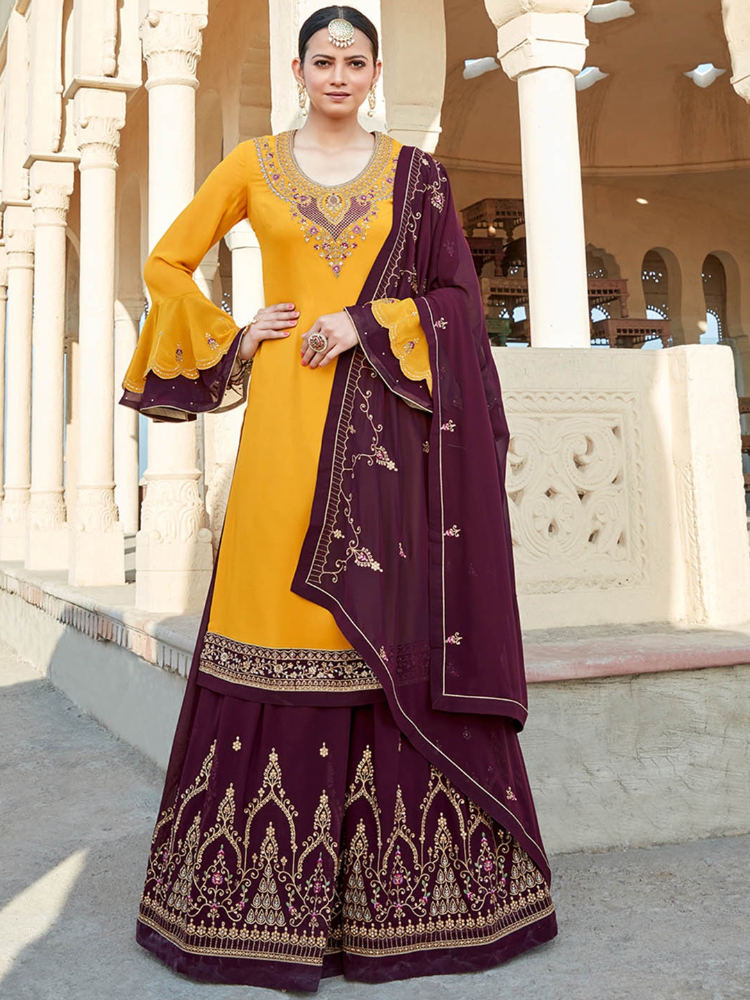 

HRITIKA Ethnic Motifs Embroidered Regular Silk Georgette Kurta with Sharara & With Dupatta, Yellow