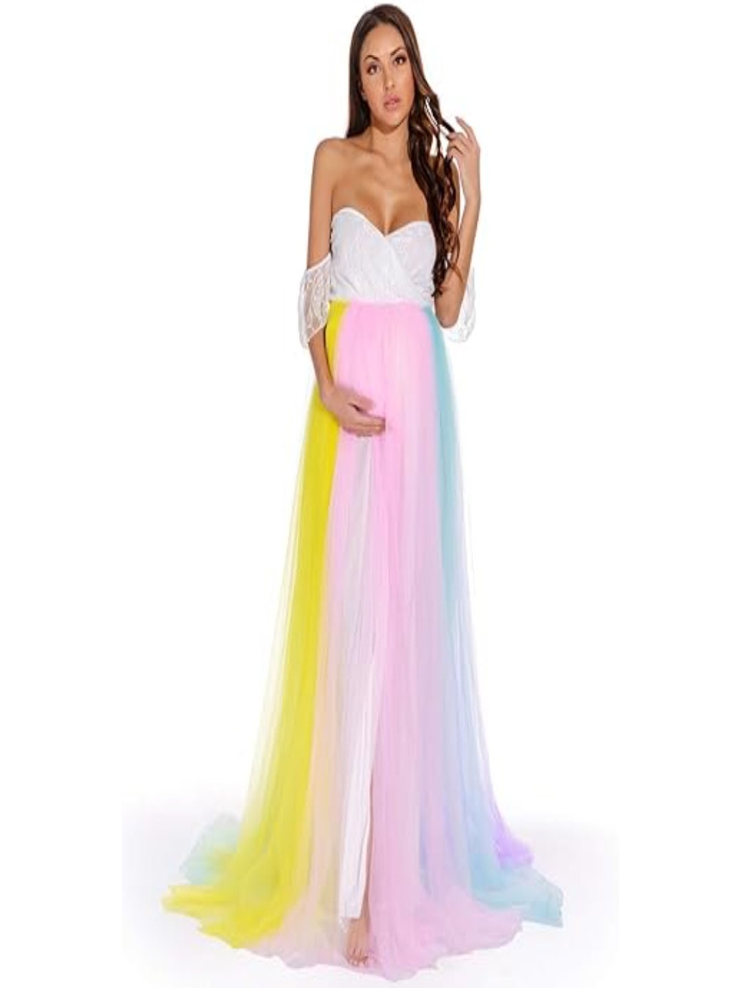 

Babymoon Rainbow Off Shoulder Maternity Gown Dress, Multi