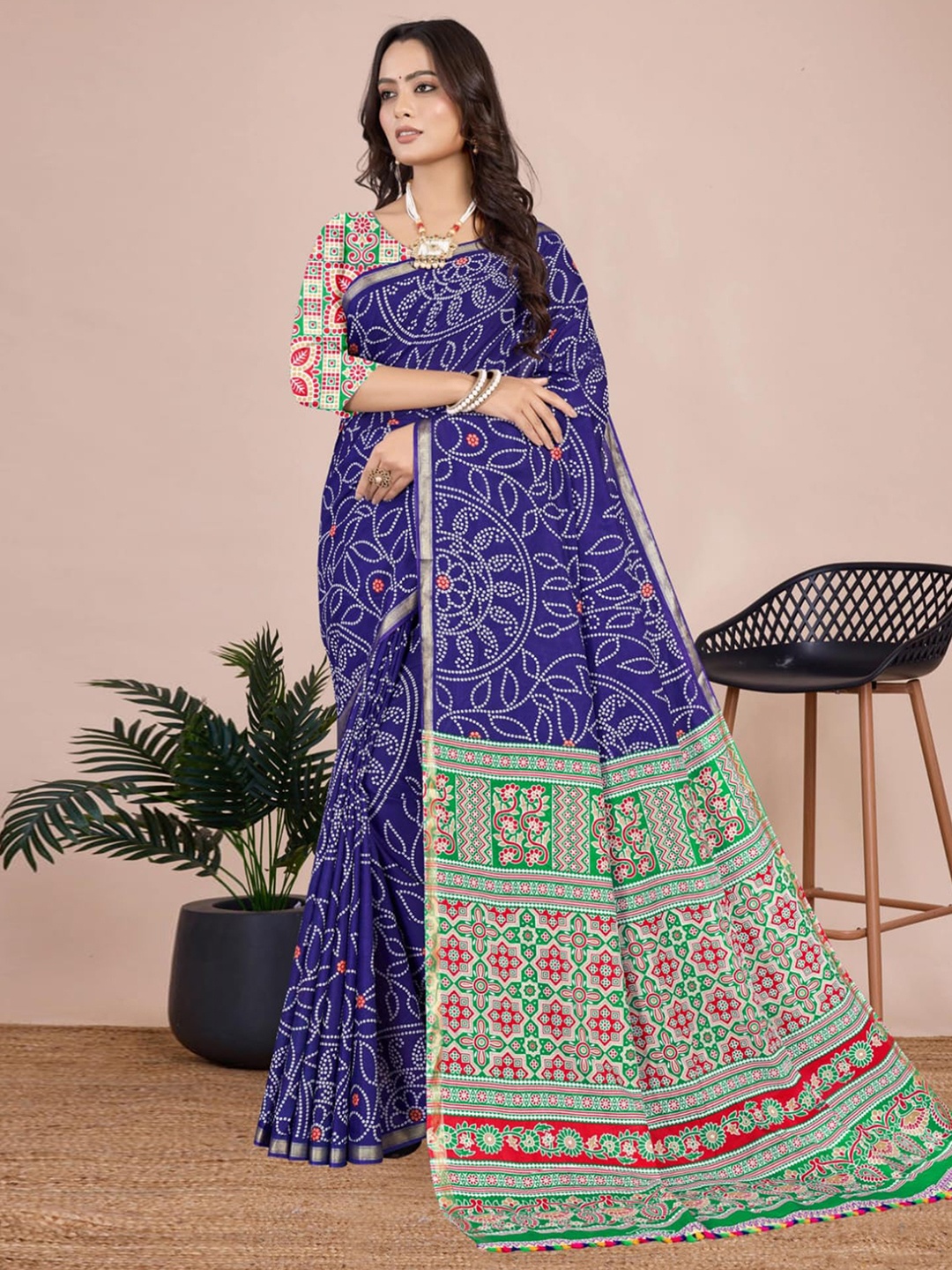 

Mitera ikat pure cotton bandhani saree with blouse piece, Blue