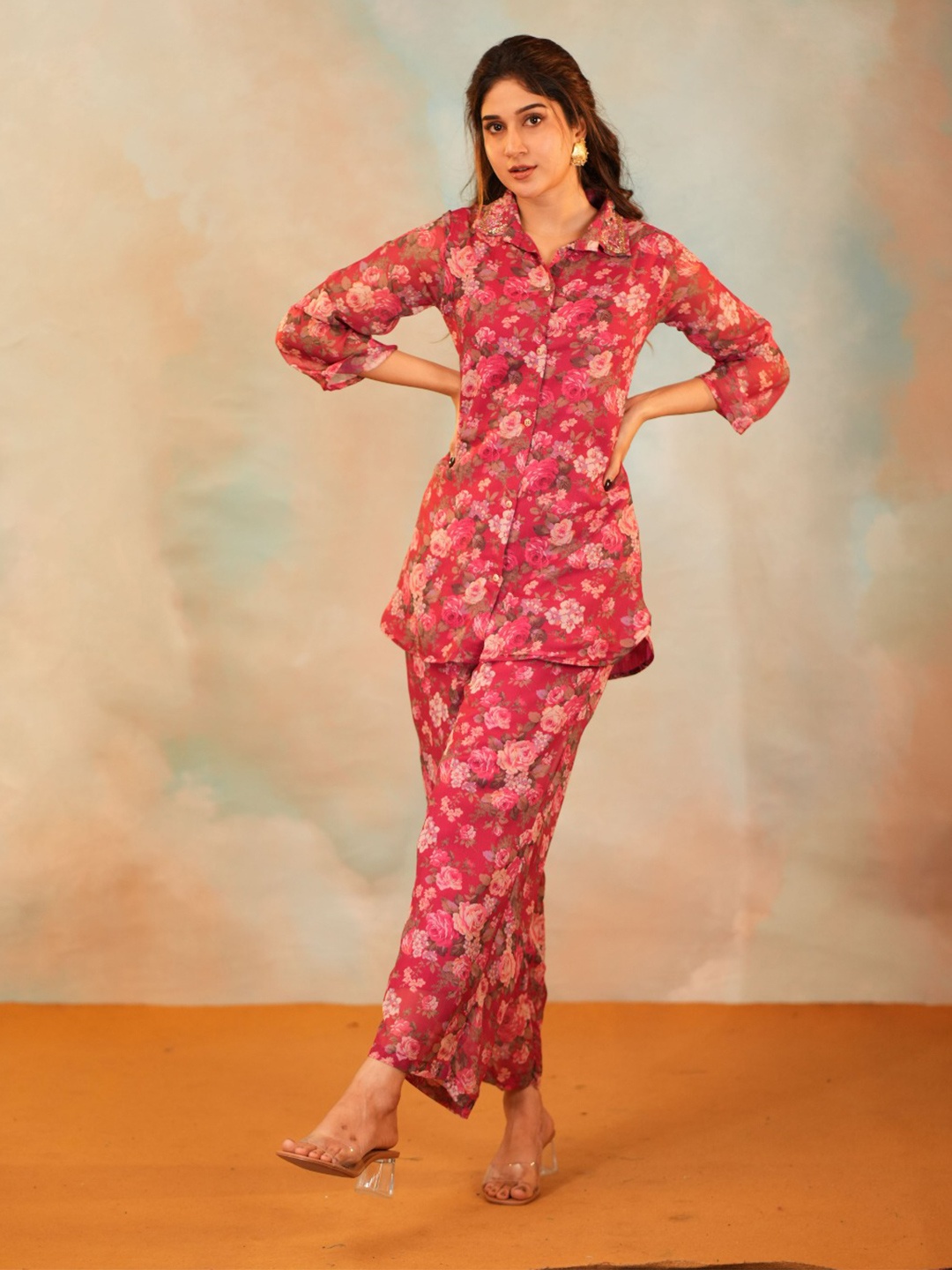 

Vinya Floral Printed Shirt With Trousers Co-Ords, Pink