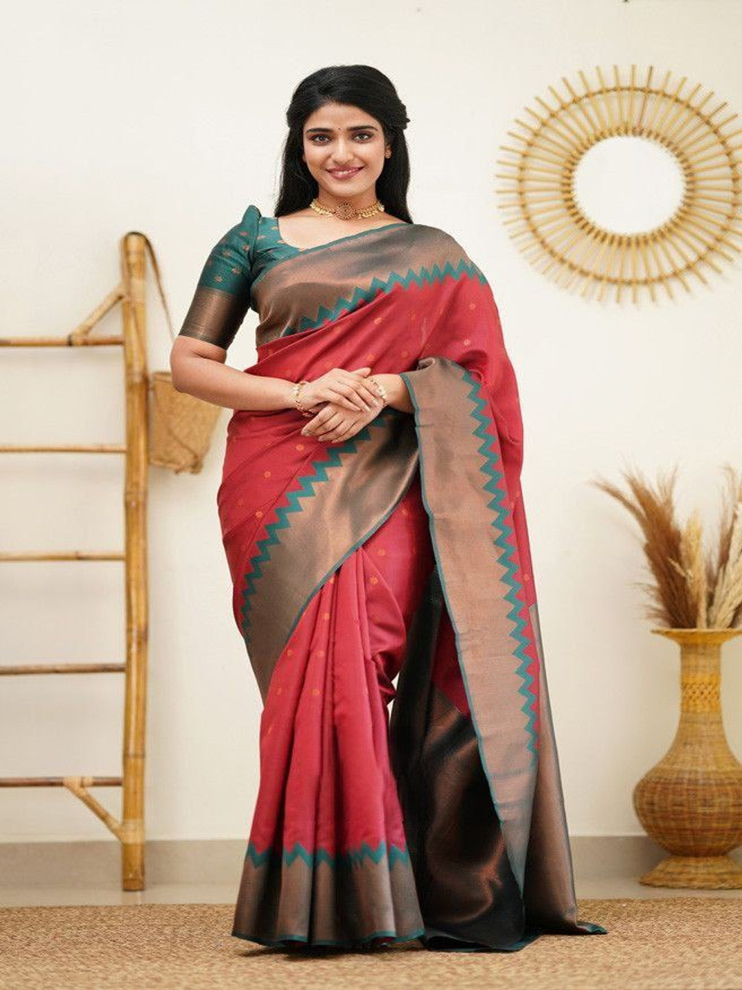 

Quelea Woven Design Zari Pure Silk Banarasi Saree, Red