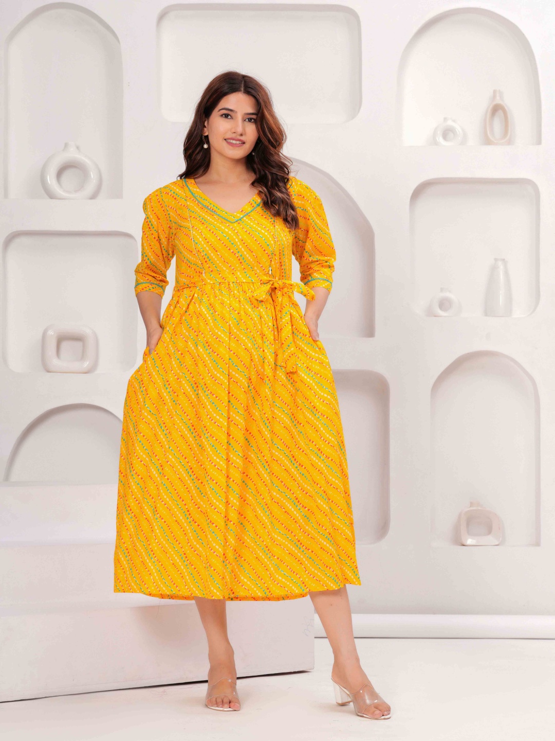 

Meeranshi Women Printed A-Line Maxi Maternity & Feeding Ethnic Dress, Yellow