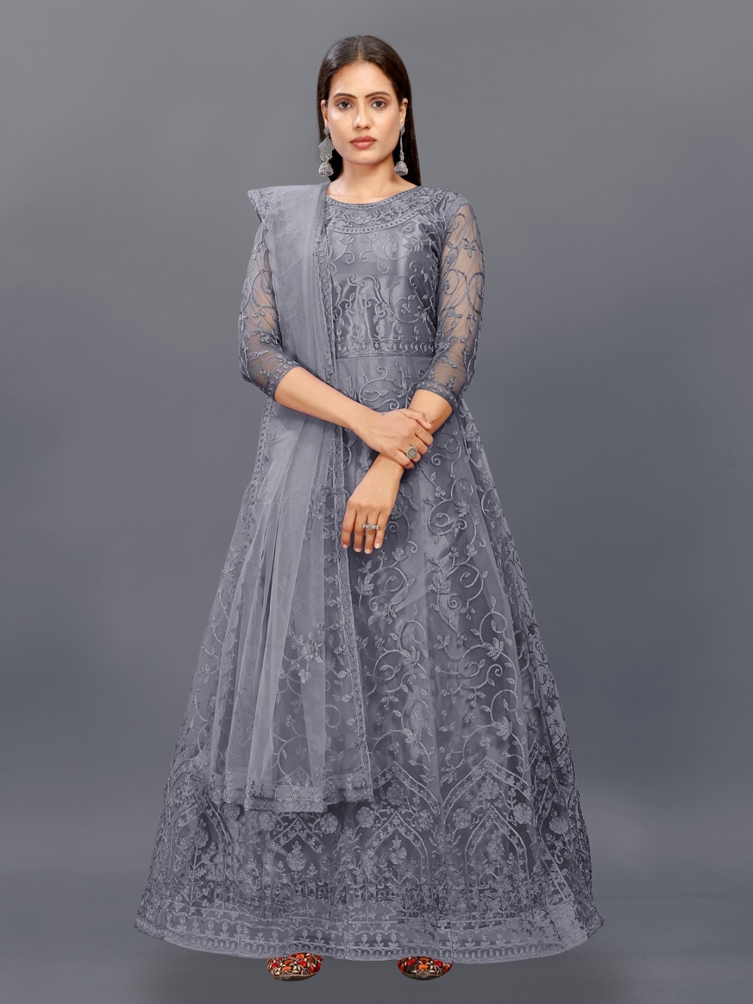 

JULEE Embroidered Net Fit & Flare Maxi Dress, Grey