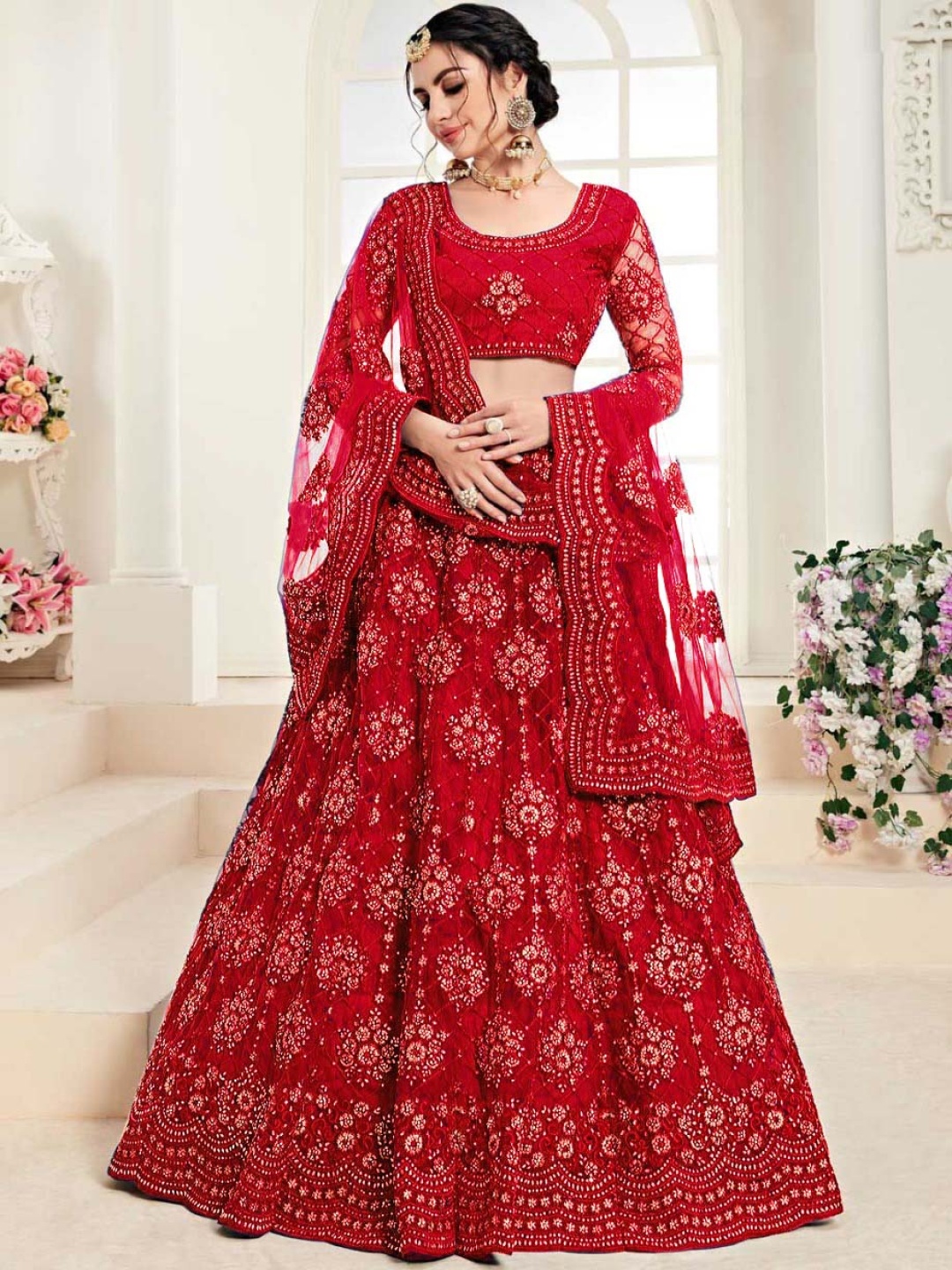 

Cute fellow Embroidered Thread Work Semi-Stitched Lehenga & Unstitched Blouse With Dupatta, Red