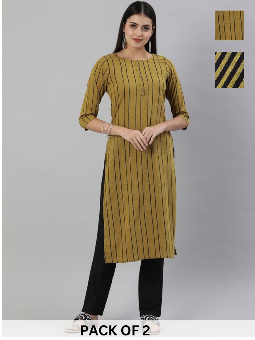 

KALINI Selection Of 2 Striped Round Neck Machine Weave Straight Kurta, Mustard