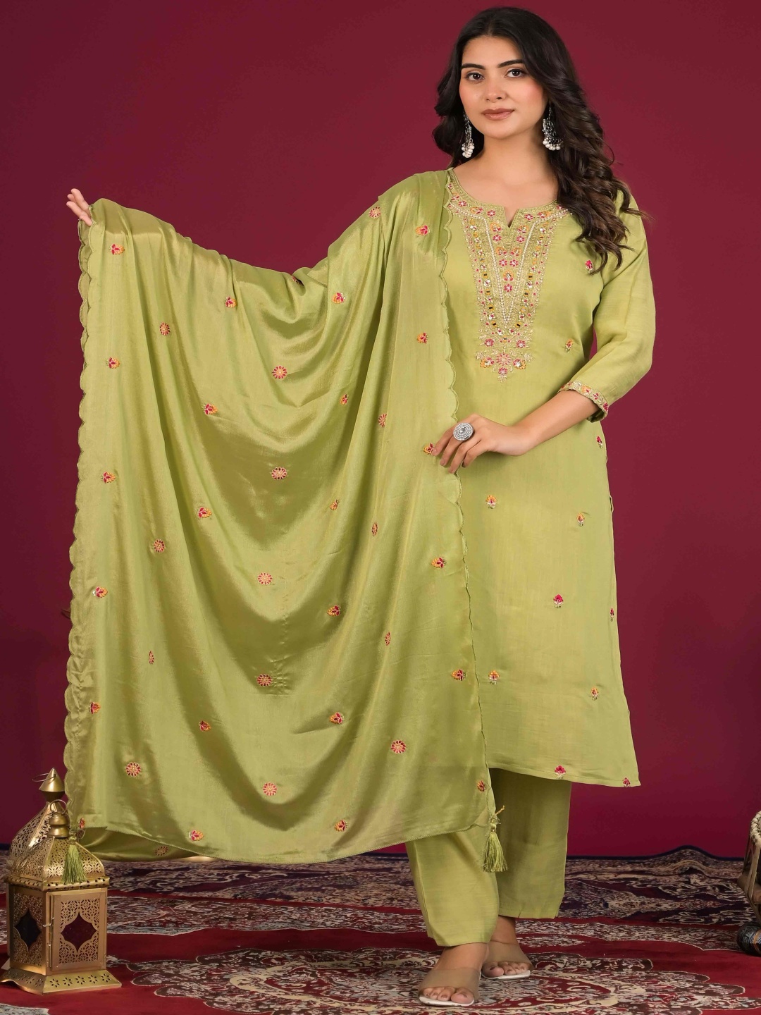 

Peachmode Floral Embroidered Beads and Stone Straight Kurta With Trouser And Dupatta, Green