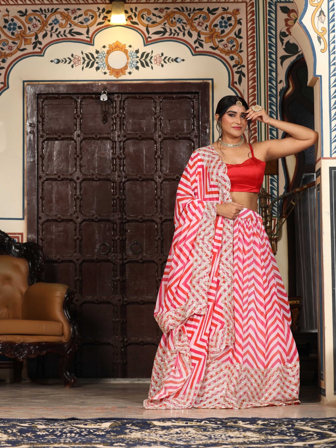 

Rujave Thread Work Semi-Stitched Lehenga & Unstitched Blouse With Dupatta, Red