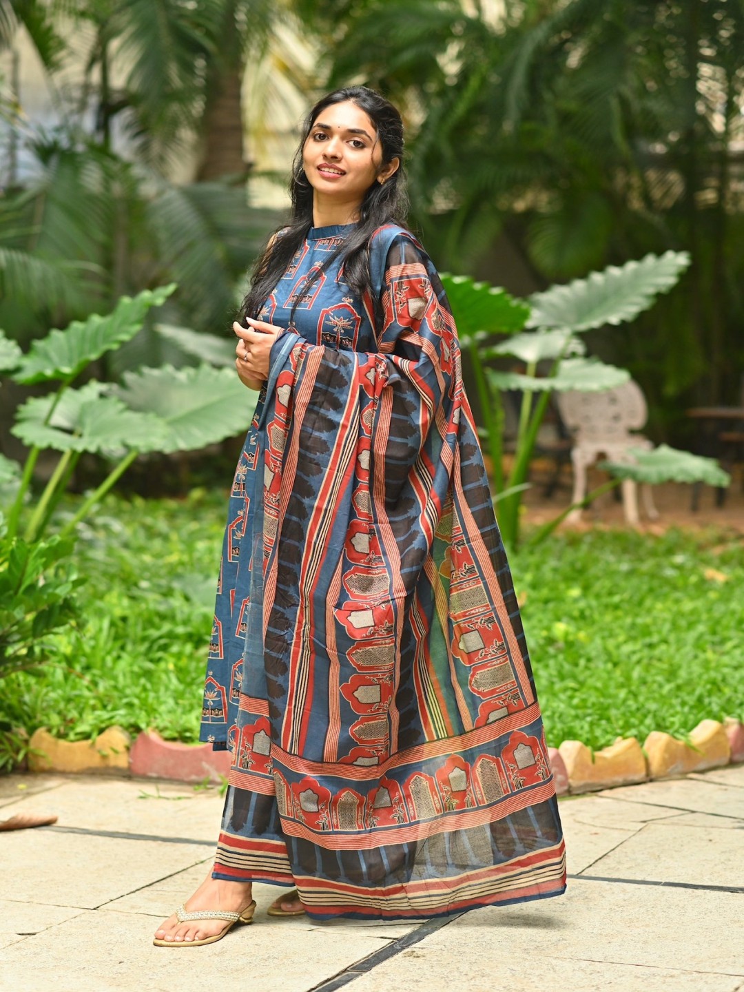 

KALINI Ethnic Motifs Printed Regular A-Line Kurta with Trousers & Dupatta, Blue
