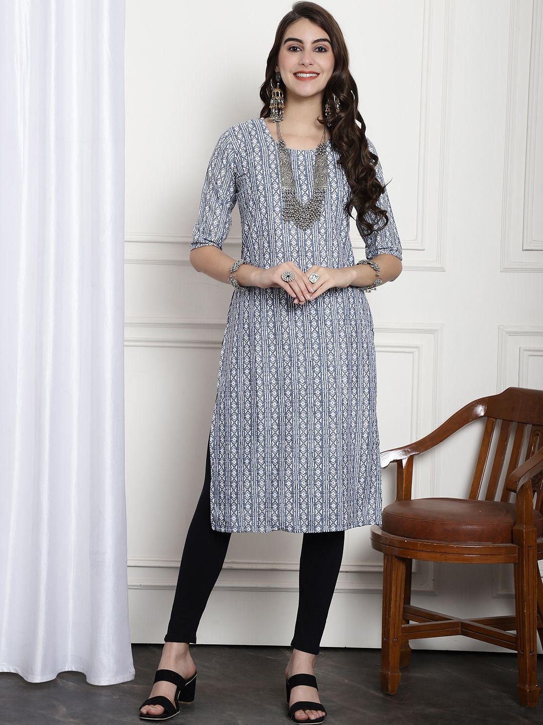 

7Threads Selection Of 6 Ethnic Motifs Printed Crepe Straight Kurtas, Blue
