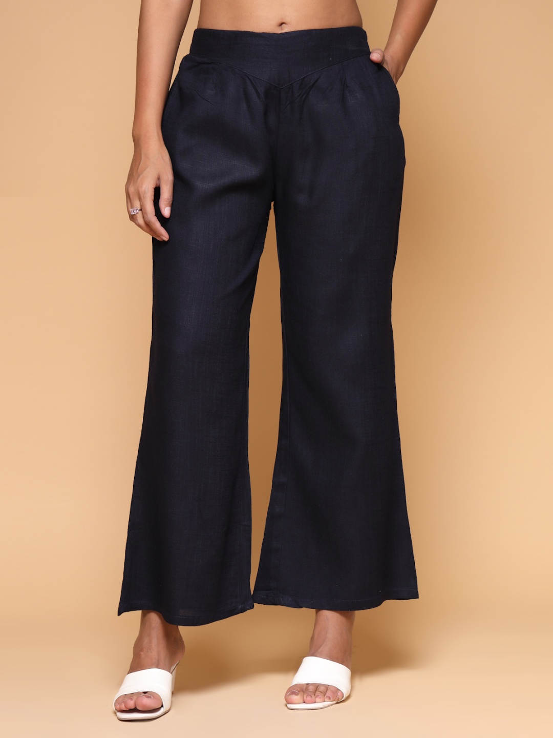 

KATLINE Women Relaxed Fit Flared Bottom Cotton Trouser, Navy blue