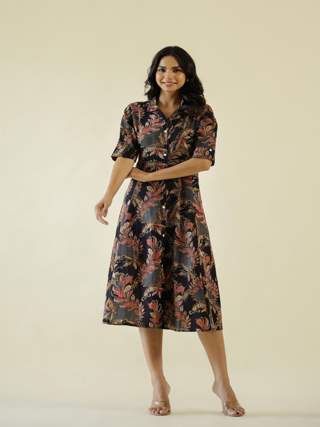 

FLAVIA CREATION Women Floral Printed Cotton A-Line Midi Dress, Grey