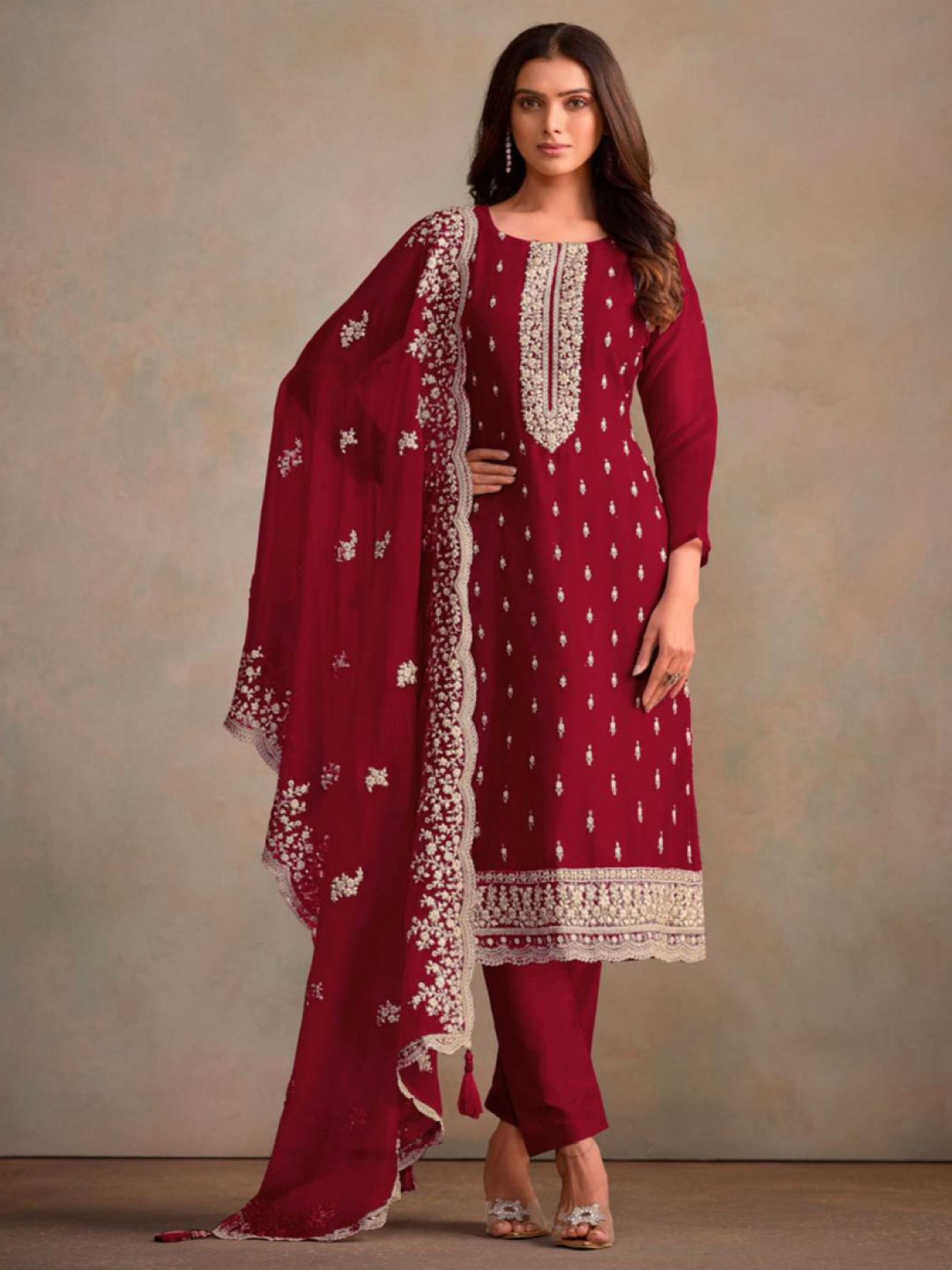 

ASISA Floral Embroidered Thread Work Organza Straight Kurta With Trousers & Dupatta, Maroon