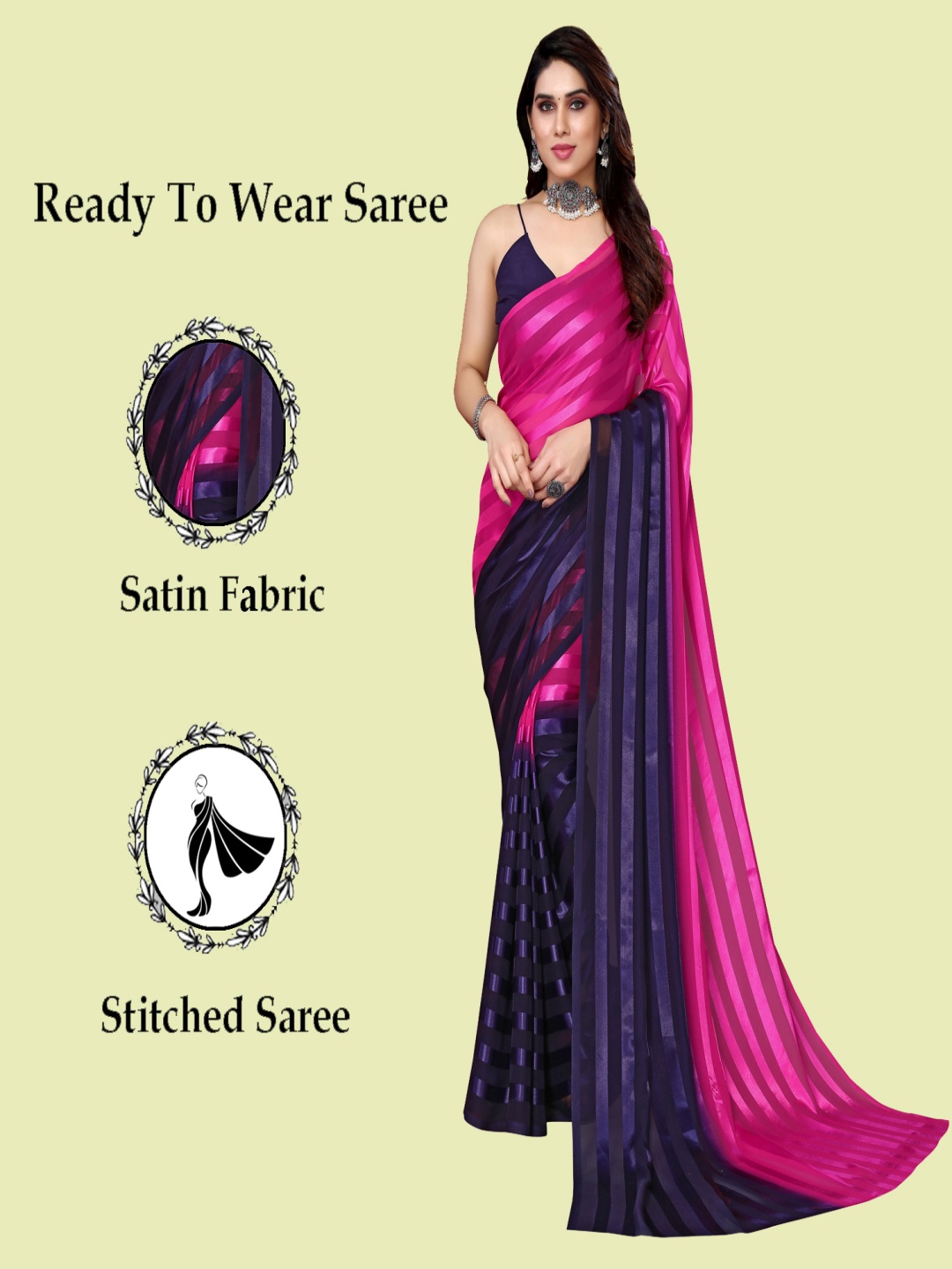 

ANAND SAREES Striped Satin Ready to Wear Saree, Pink