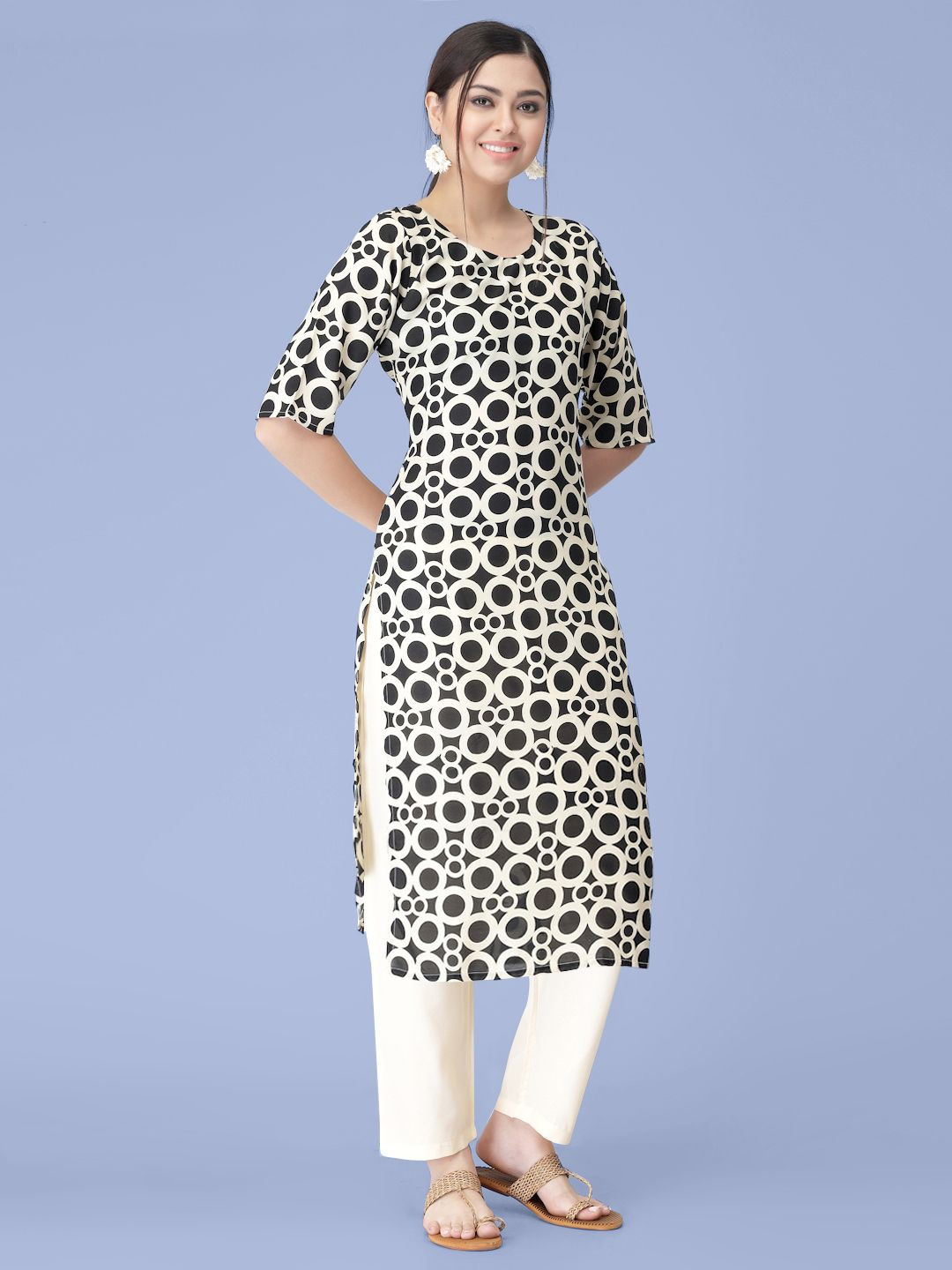 

7Threads Geometric Printed Round Neck Straight Kurta with Trousers, Black