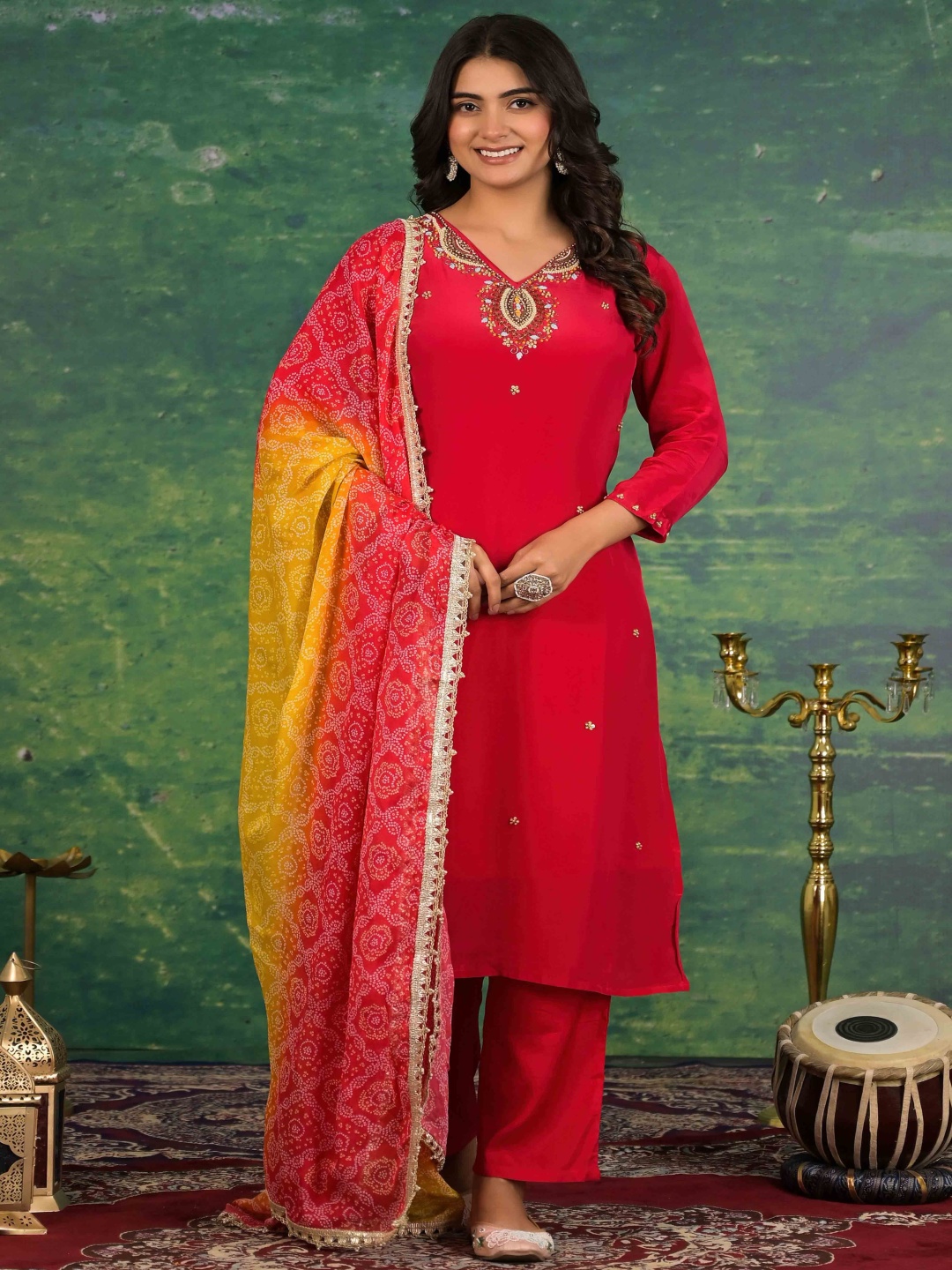 

Peachmode Floral Embroidered V-Neck Straight Kurta with Trousers & With Dupatta, Pink