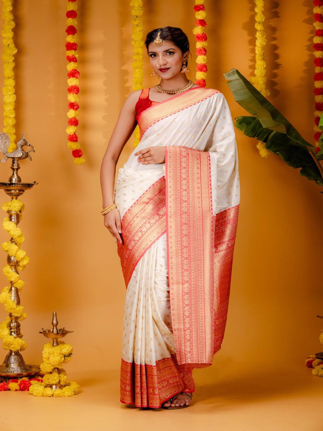 

KALINI Woven Design Zari Silk Blend Banarasi Saree, Cream