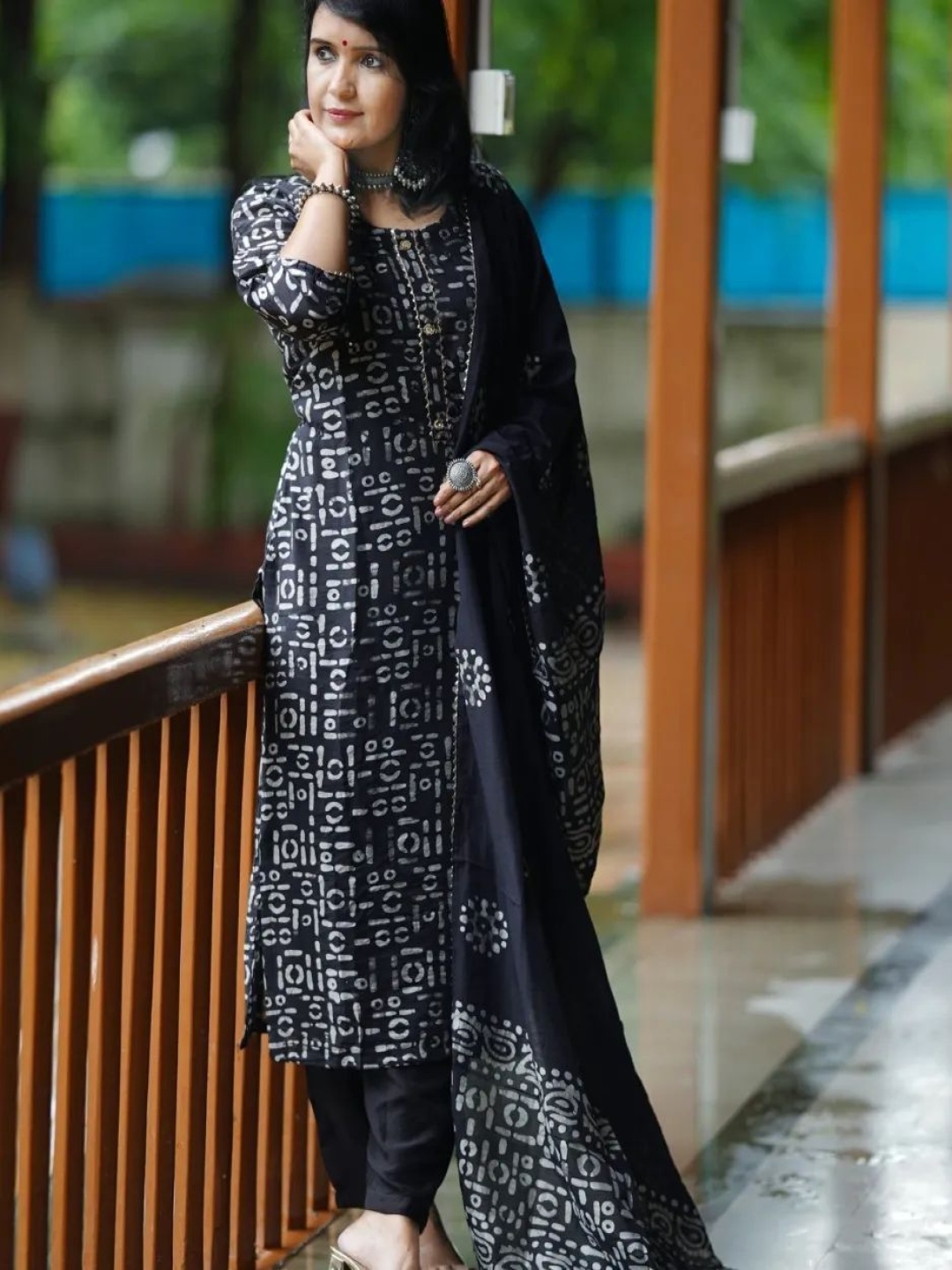 

Piludi Geometric Printed Gotta Patti Kurta with Churidar & Dupatta, Black