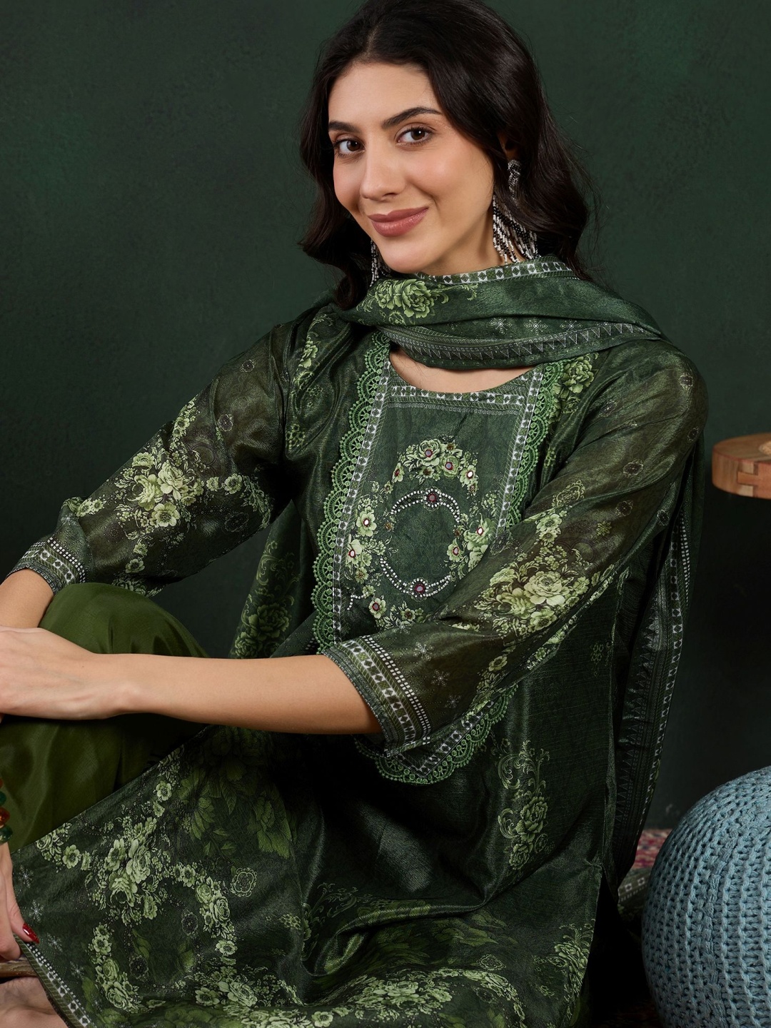 

Sangria Floral Printed Embroidered Straight Kurta With Trousers and Dupatta, Green