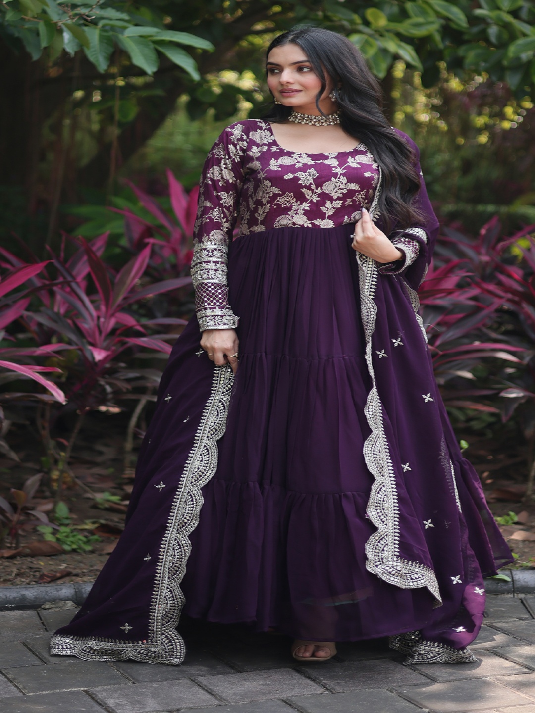 

KALINI Floral Woven Design Sequinned Tiered Anarkali Kurta With Duppatta, Purple