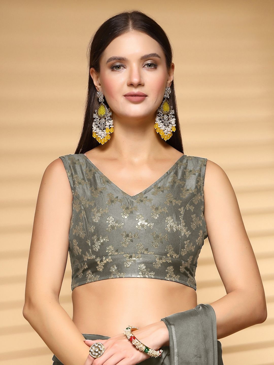 

Oomph! Women Woven Design Non Padded V Neck Saree Blouse, Beige