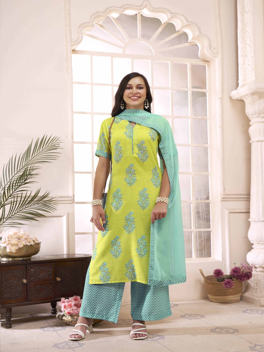 

Anouk Green & Yellow Floral Printed Notch Neck Kurta with Palazzos & Dupatta