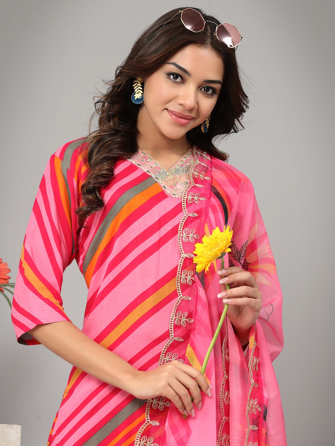 

BAESD Striped V-Neck Straight Kurta With Trousers & Dupatta, Pink