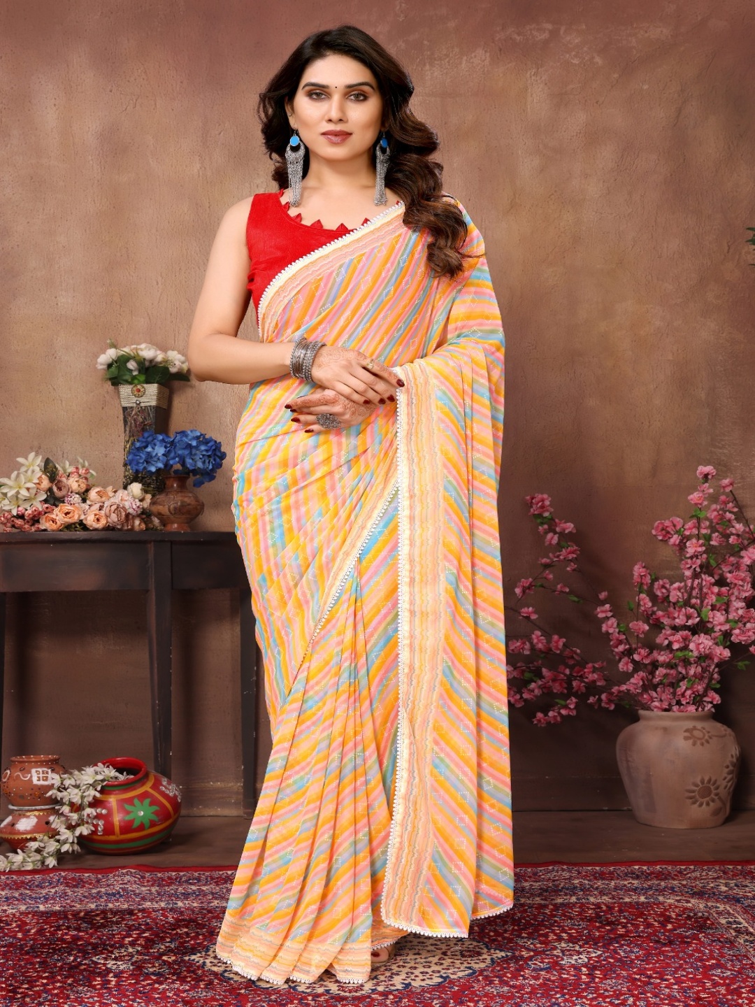 

KALINI Striped Pure Georgette Ready to Wear Saree, Yellow