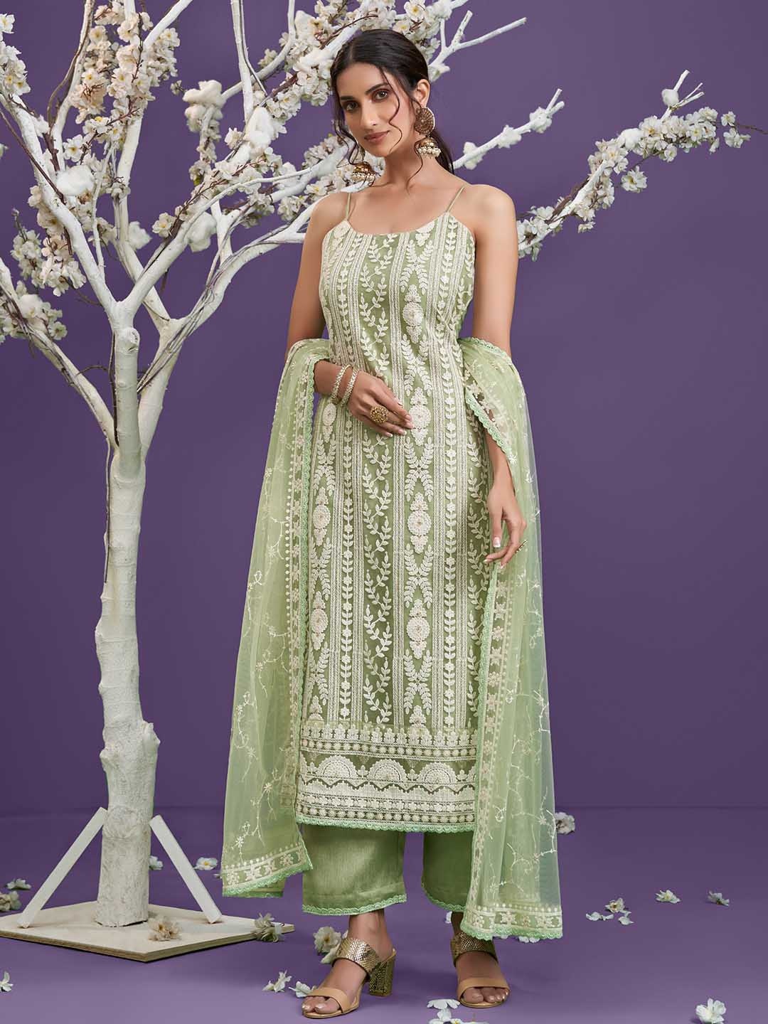 

cbazaar Floral Embroidered Shoulder Straps Straight Kurta with Trousers & Dupatta, Green