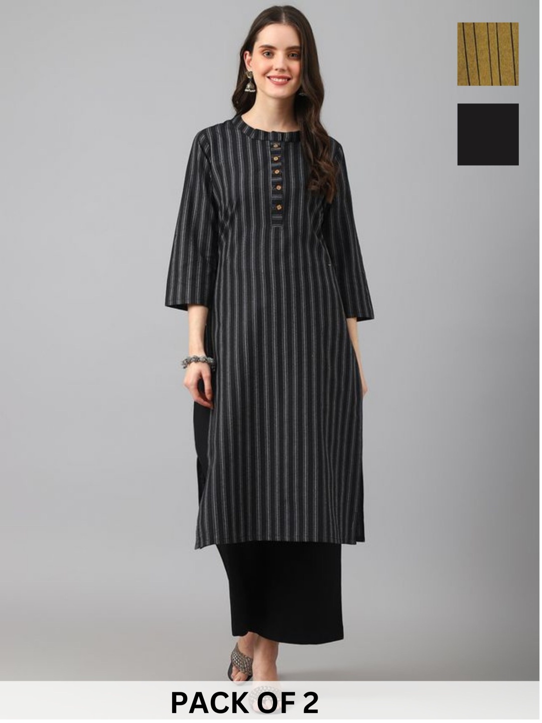 

KALINI Selection Of 2 Striped Round Neck Machine Weave Straight Kurta, Black