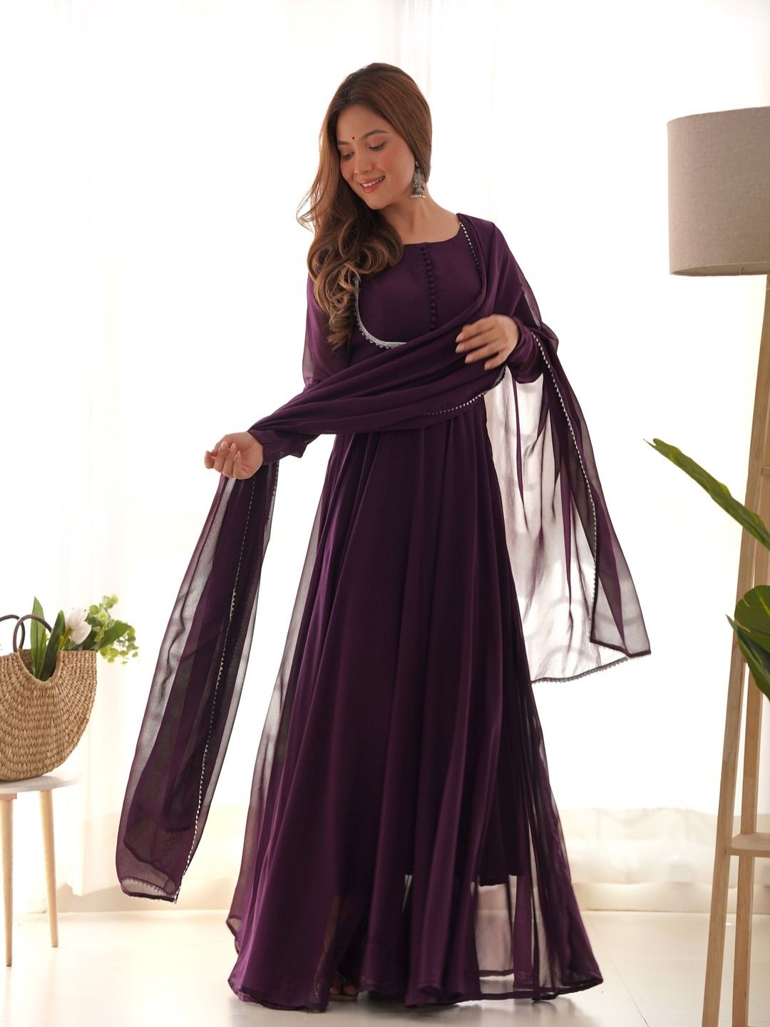

KALINI Georgette Anarkali Kurta With Pyjama And Dupatta, Purple