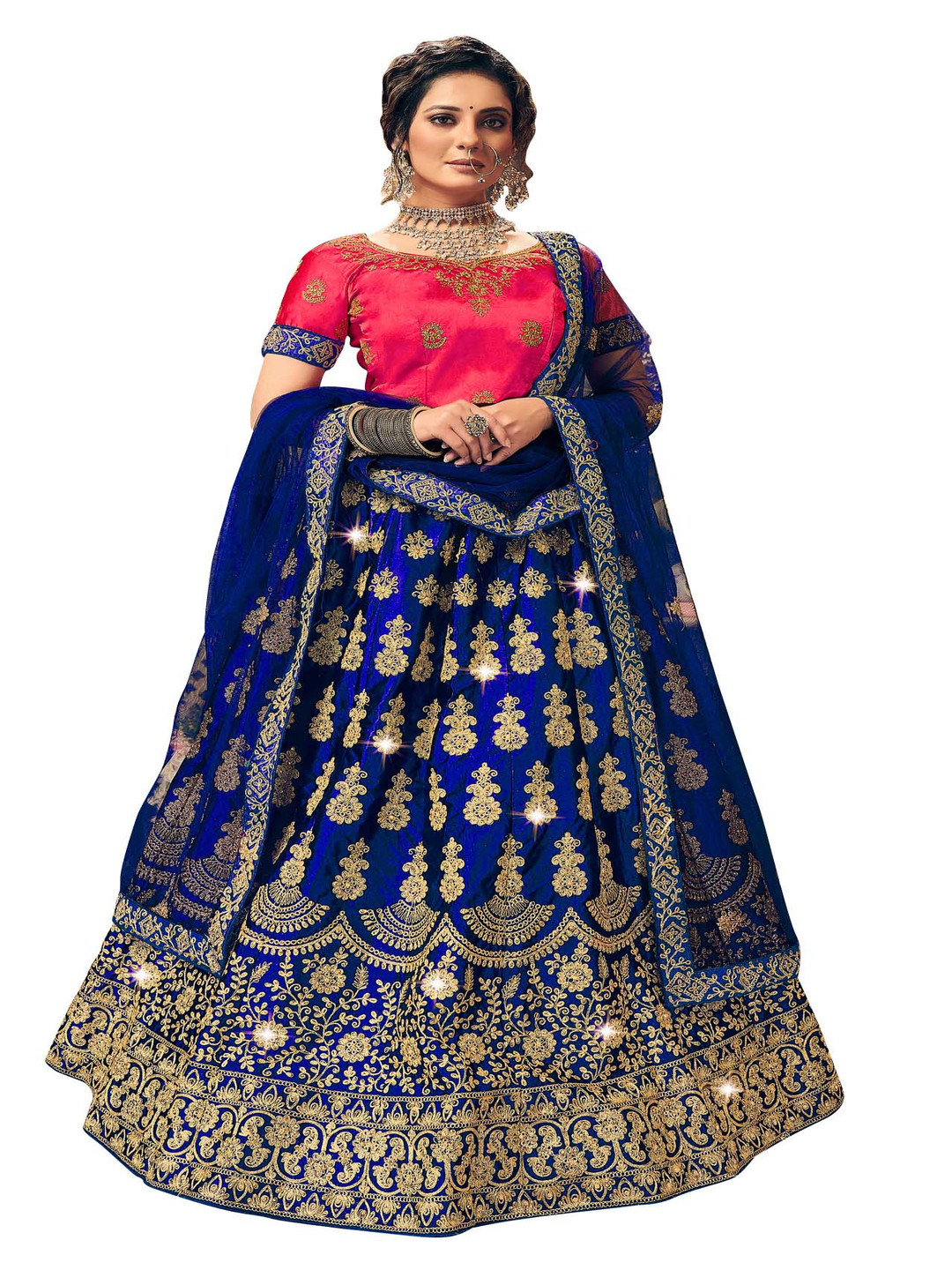 

Maroosh Embroidered Thread Work Unstitched Lehenga & Blouse With Dupatta, Blue