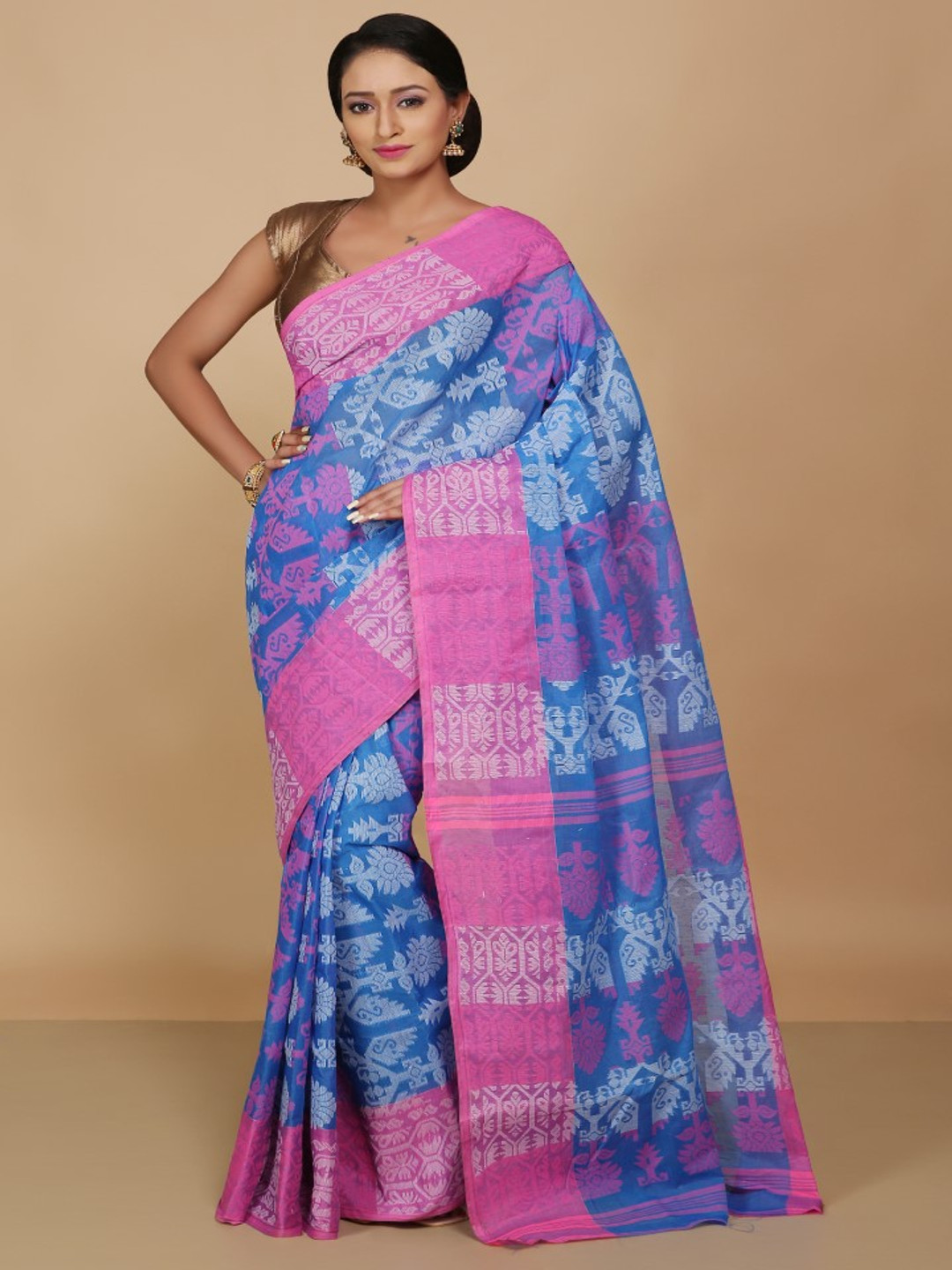 

BENGAL HANDLOOM Woven Design Pure Cotton Taant Saree, Blue
