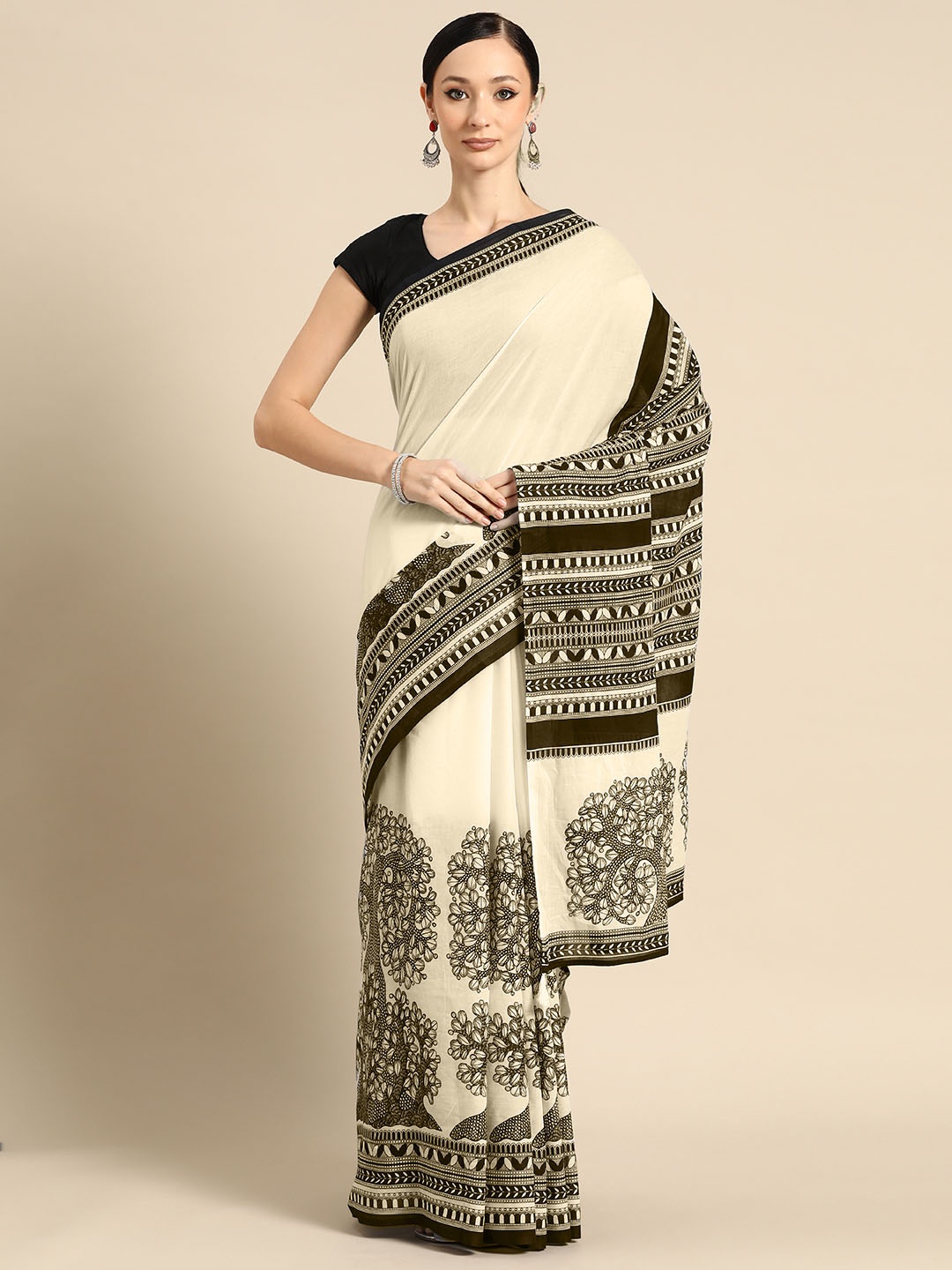 

BUTA BUTI Floral Pure Cotton Saree, Coffee brown