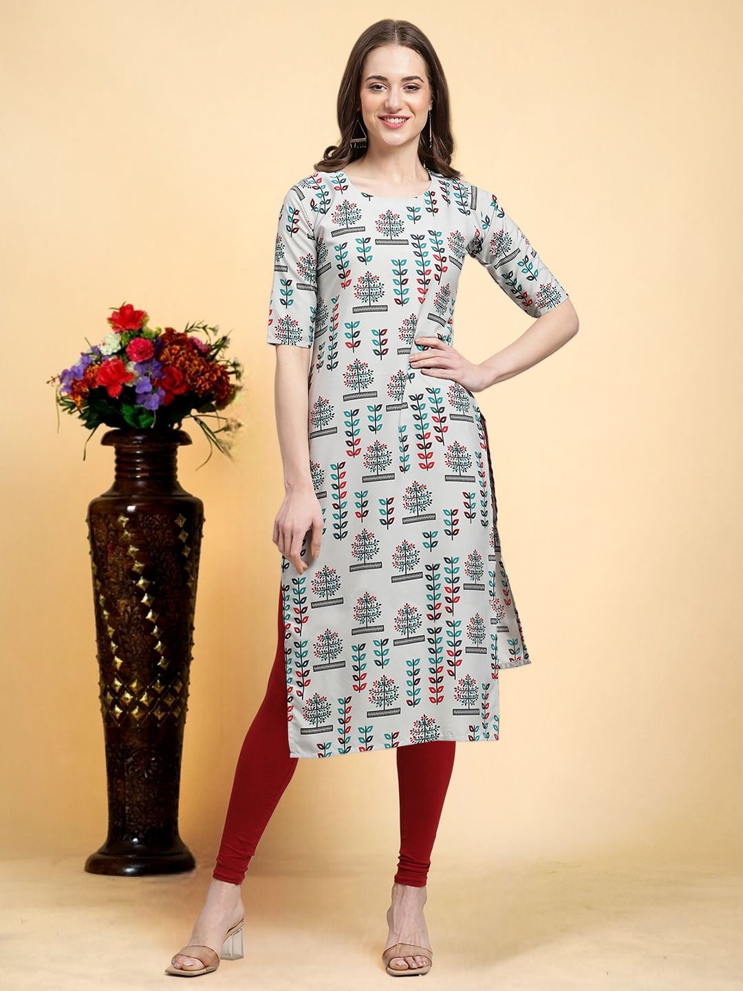 

7Threads Floral Printed Straight Kurta, Grey