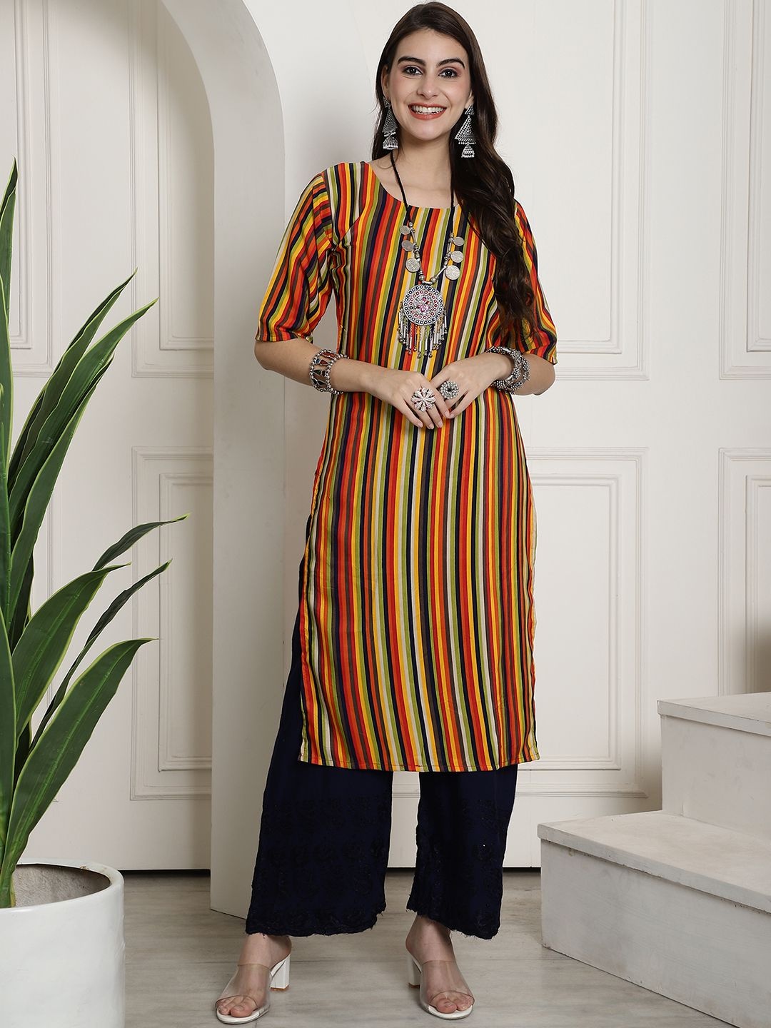 

7Threads Selections of 6 Striped Printed Round Neck Straight Kurtas, Orange