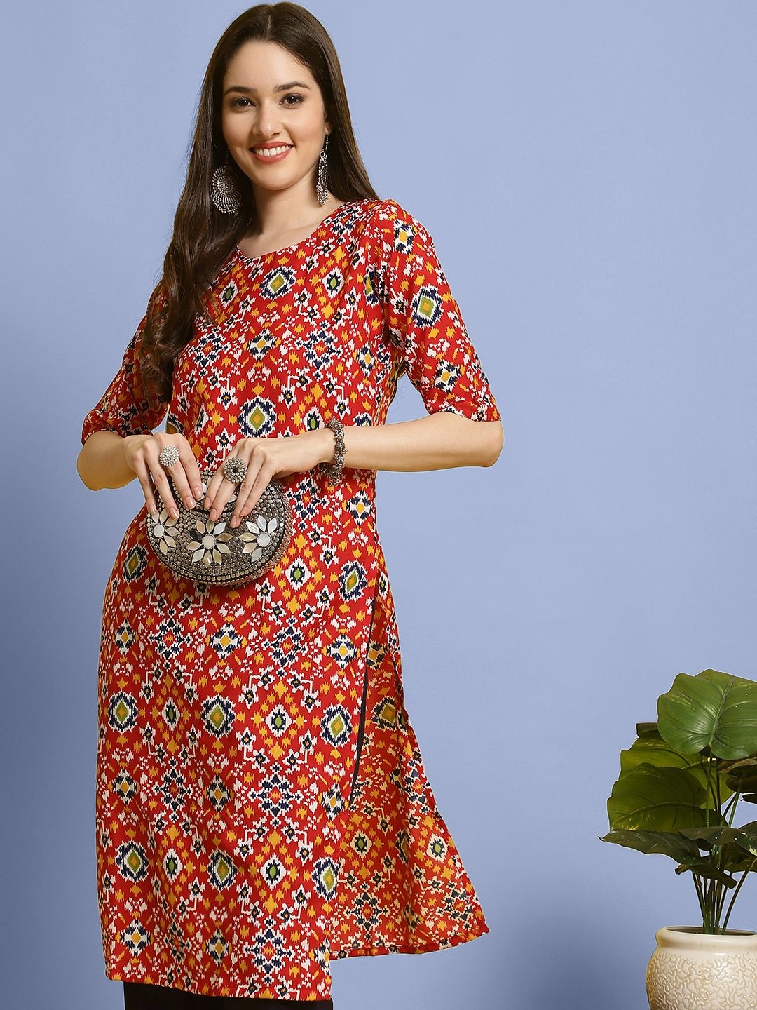 

7Threads Ethnic Motifs Printed Round Neck Straight Kurta With Trousers, Red