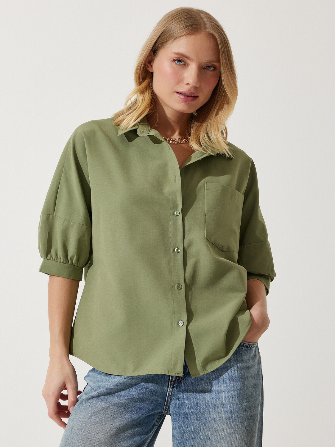 

Happiness istanbul Spread Collar Casual Shirt, Olive