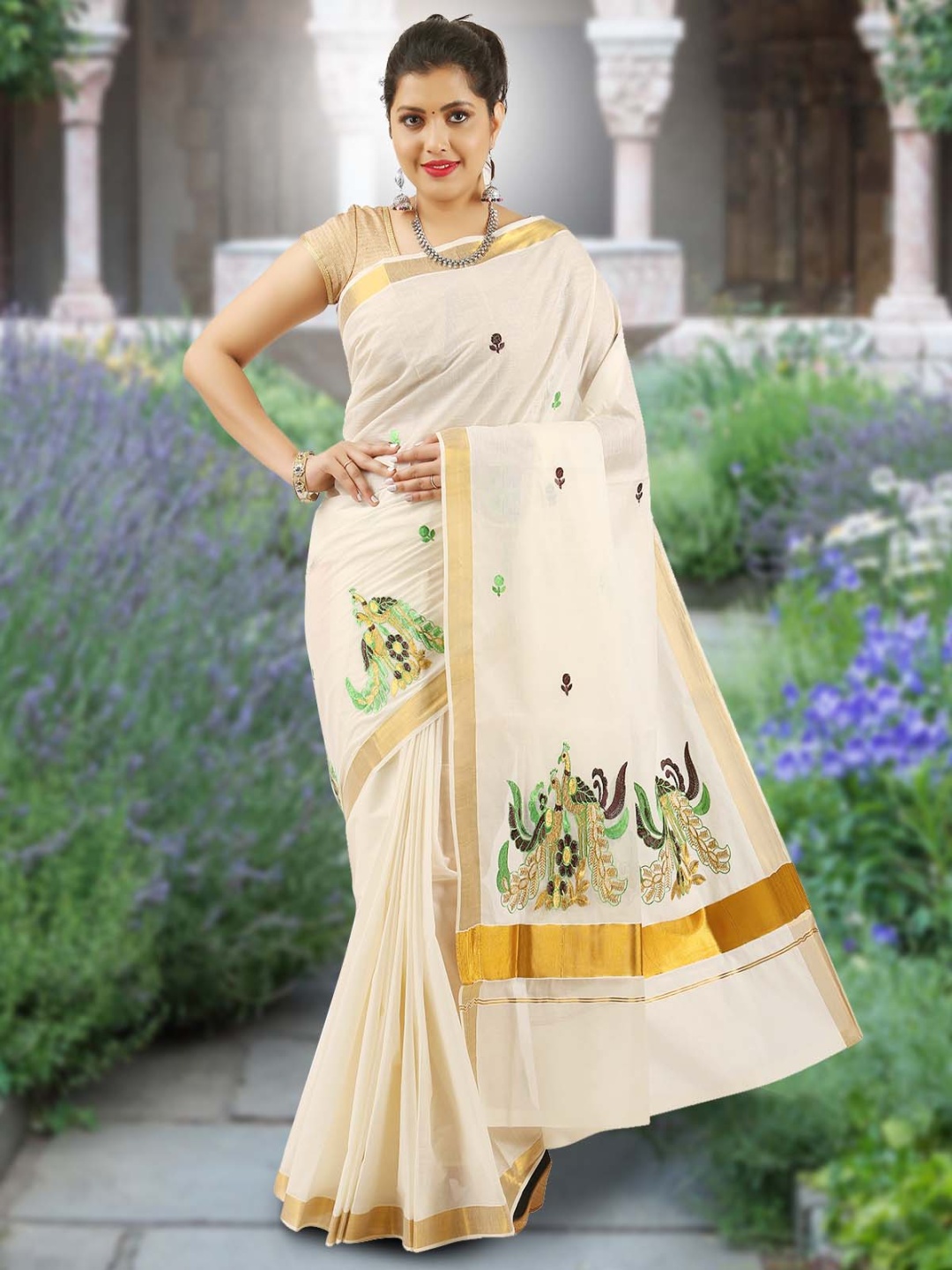 

Rst R Selvamani Tex Ethnic Motifs Zari Pure Cotton Kasavu Saree, Off white