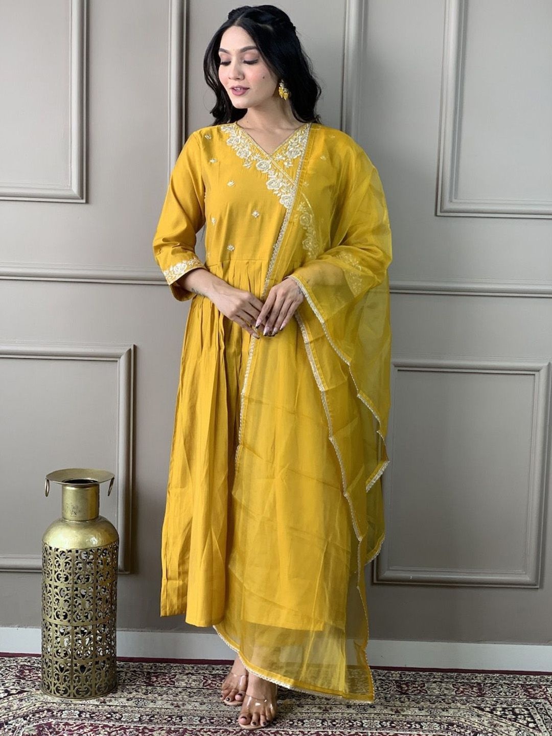 

REALLTREND Floral Embroidered V-Neck Kurta With Trouser And Dupatta, Mustard