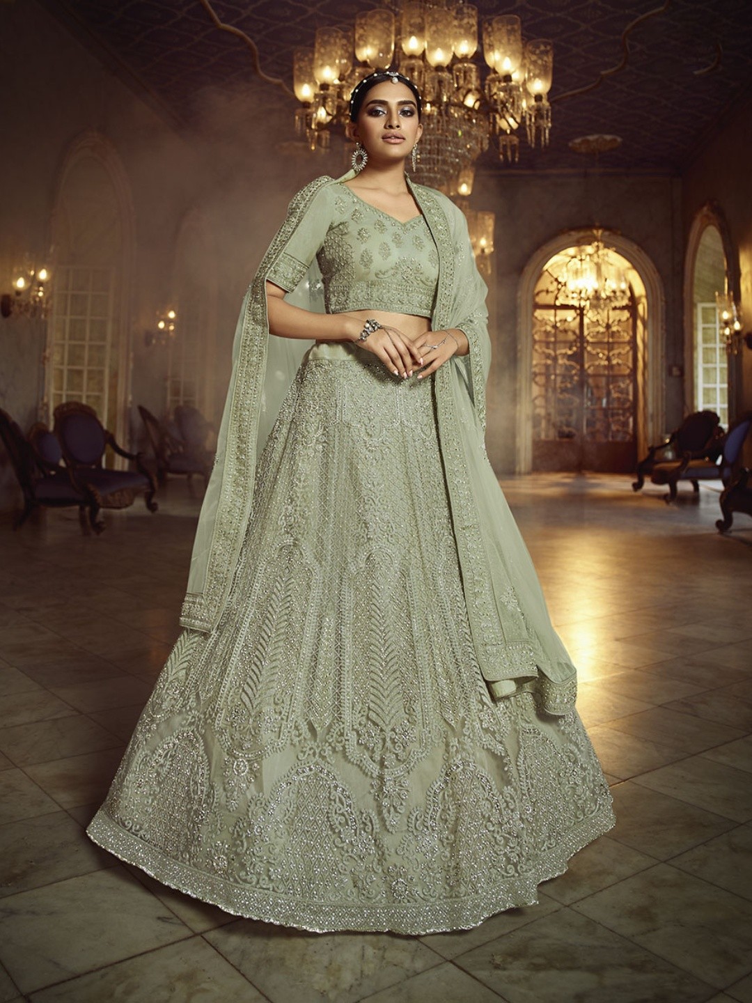 

Fusionic Embroidered Net Semi-Stitched Lehenga & Unstitched Blouse With Dupatta, Green