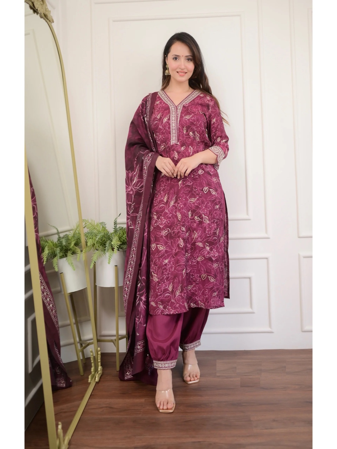 

KALINI Floral Printed Thread Work Straight Kurta With Trousers & Dupatta, Maroon