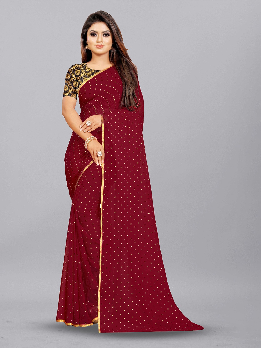 

Aardiva Embellished Zari Pure Chiffon Saree, Maroon